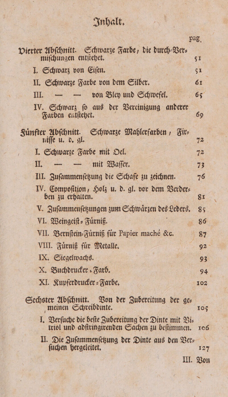 Pag, vierter Abſchnitt. Schwarze Farbe, die durch Bers miſchungen entſtehet. 51 J. Schwarz von Eiſen. 51 II. Schwarze Farbe von dem Silber. . Il. — — von Bley und Schwefel. 65 IV. Schwarz ſo aus der Vereinigung anderer Farben eatſtehet. 69 Fuͤnfter Abſchnitt. Schwarze Mahlerfarben » Five niſſe u. d. gl. 72 I. Schwarze Farbe mit Oel. 72 II. — — mit Wafer. 73 III. Zuſammenſetzung die Schafe zu zeichnen. 76 IV. Compoſition, Holz u. d. gl. vor dem Verder⸗ ben zu erhalten. 81 V. Zuſammenſetzungen zum Schwaͤrzen nee es 85 VI. Weingeiſt⸗ Fürnif. 86 VII. Bernſtein⸗Fuͤrniß für Papier mache &amp;c. 87 VIII. Fuͤrniß fir Metalle. 92 IX. Siegelwachs. 93 X. Buchdrucker Farb. 94 XI. Kupferdrucker⸗Farbe. 102 Sechster Abſchnitt. Von der Zubereitung der ge⸗ meinen Schreibdinte. 105 I. Verſuche die beſte Zubereitung der Dinte mit Vi⸗ triol und adſtringirenden Sachen zu beſtimmen. 106 II. Die Zuſammenſetzung der Dinte aus den Ver⸗ ies hergeleitet. 127 III. Von ~