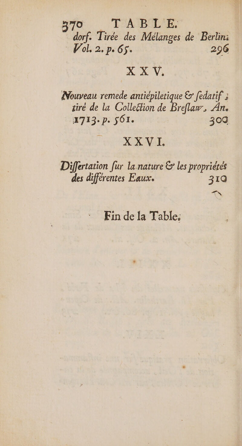 . des MU de Rte XX V. Nouveau Re antiépiletique &amp; fedatif à tiré de la Colleétion de Breflaw, An. 4713. p. SOI. | 309 XXVI. Differtation Jur la nature &amp; les propriétés des différentes Eaux. 31Q Æ Fin de la Table.