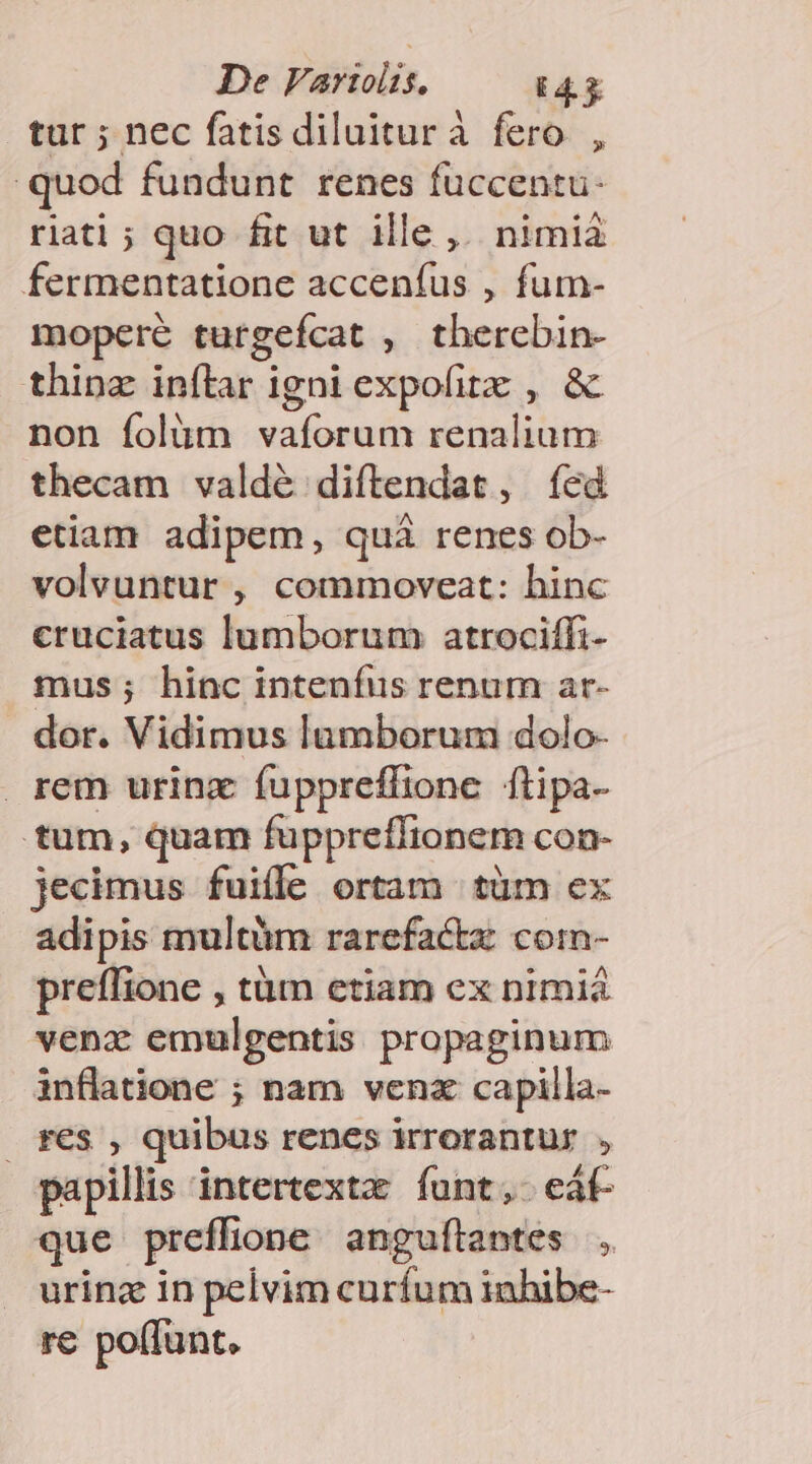 De Fartolis. 7X: tur ; nec fatis diluitur à fero , quod fundunt renes fuccentu- rati ; quo fit ut ille ,.. nimia fermentatione acceníus , fum- mopere turgefcat , thercbin- thinz inftar igni expofit , &amp; non folüm vaforum renalium thecam valdé diftendat, (íed etiam adipem, quà renes ob- volvuntur , commoveat: hinc cruciatus lumborum atrociffi- mus; hinc intenfus renum ar- . dor. Vidimus lumborum dolo- rem urinz fuppreffione ftipa- tum, quam fuppreflionem con- jecimus fuille ortam | tüm ex adipis multüm rarefactz com- preffione , tüm etiam ex nimiá venx emulgentis propaginum inflatione ; nam venz capilla- f€$ , quibus renes irrorantur , papillis intertextx. funt;- eát- que preffione anguflantes urinz in pelvim curfum inhibe- re poffunt.