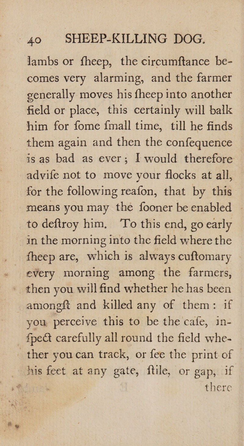 lambs or fheep, the circumftance be- comes very alarming, and the farmer generally moves his f{heep into another field or place, this certainly will balk him for fome {mall time, till he finds is as bad as ever; I would therefore advife not to move your flocks at all, for the following reafon, that by this means you may the fooner be enabled — fheep are, which is always cuftomary | amongit and killed any of them: if you perceive this to be the cafe, in- there