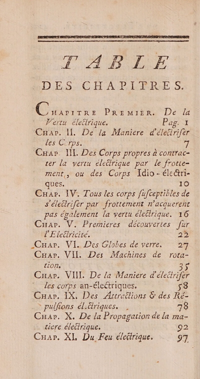 Érnats PRE MIERS De * Vertu éleilrique, Pag. Car. If. Le /a Maniere HE er les C. rpS. g! Cnap. IL Des Corps propres à contrac- rer La vertu éleütrique par le frotie- ment, ou des Corps Âdio-éleétri- ques. 10 Cnar. IV. Tous les corps fufceptibles de s'éleitrifer par frottement nacquerent pas également la vertu éleëirique. 16 Car. V. Prermieres découvertes fur l'Etellricité. 22 Car. VI. Des Globes de verre. 27 Cap. VII. Des Machines de Fe tion, Car. VII De /a Maniere d dep les corps an-éleétriques. s3 Car. IX. Des Artraëlions &amp; des Ré= * pulfions él.üriques. 7 Cuar. X. De la Propagation de la ima- tiere électrique. 2 92 CHar. XL Du Feu élecirique. 97