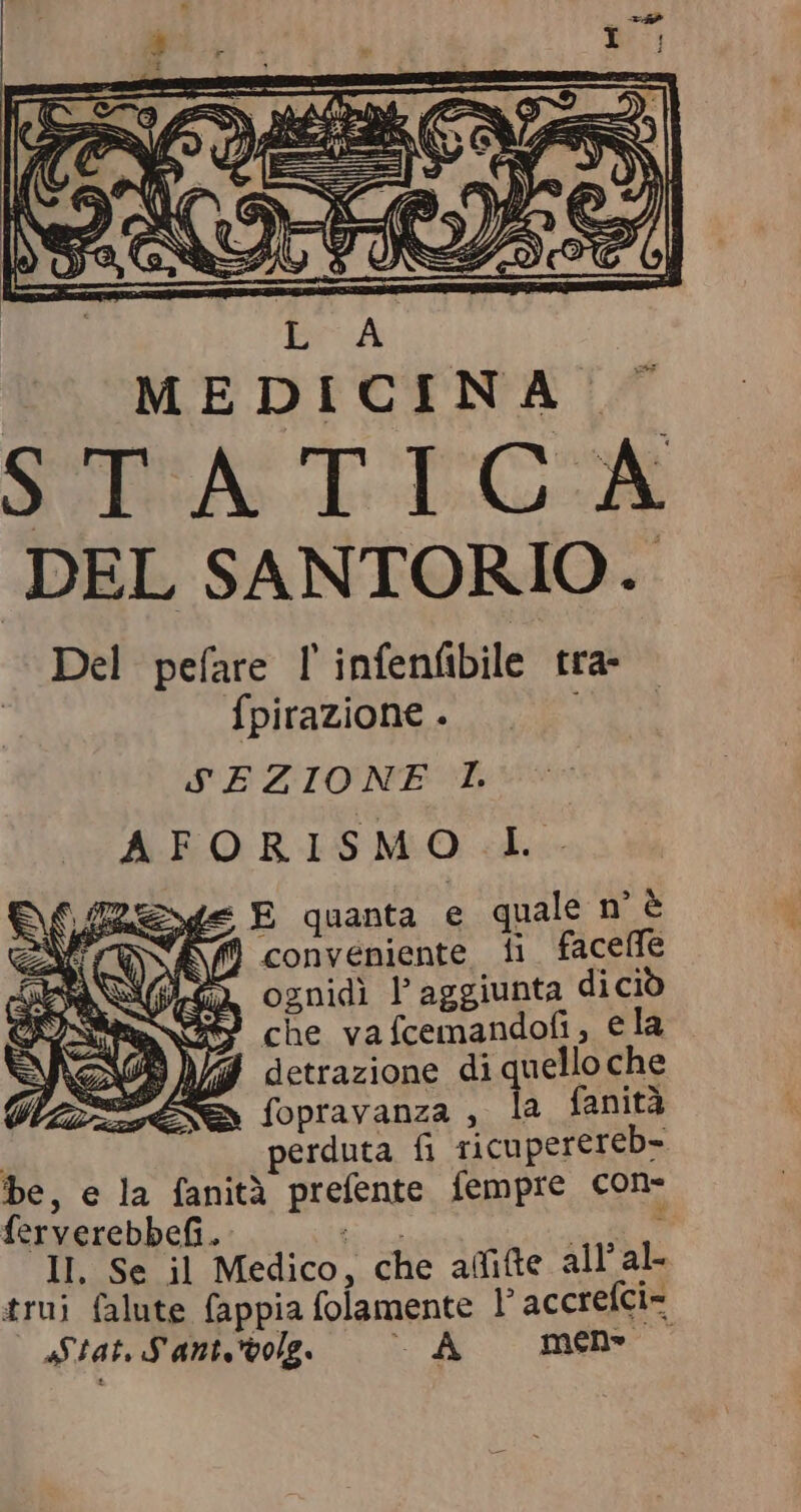 MEDICINA. | SUA T DOCK DEL SANTORIO. Del pefare | infenfibile tra- fpirazione . : SEZIONE I. AFORISMO L- age E quanta e quale n° è | conveniente 1i faceffe O, ognidì l'aggiunta dicio ES che vafcemandofi, ela B detrazione di quello che e fopravanza , la fanità perduta fi ricuperereb= be, e la fanità prefente fempre con- ferverebbefi. eg A. Il. Se il Medico, che afifte all’ al- trui falute fappia folamente l accreíci- Stat. Sani wog A men —