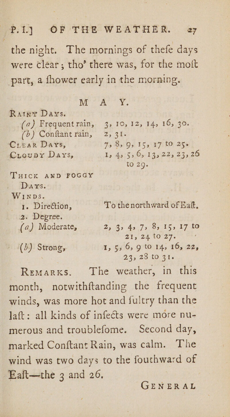 the night. The mornings of thefe days were Clear; tho’ there was, for the moft part, a fhower early in the morning. ae. aimee. a Ratny Days. (a) Frequentrain, 3, 10,12, 14, 16, 30. (6) Conftant Vain, 2, 3a Crear Days, 95 By Ds 155° ¥7) EO: Ep Croupy Days, he Bat Opcl as 23.2320 to 29. THICK AND FOGGY Days. WiIwNDs. 1. Direction, To thenorthward of Katt, 2. Degree. (a) Moderate, 2 As As 758) 155. Vio Zi, 24.0 27, ' (J) Strong, 1, 5,6, 9 to 14, 16, 22, 23,28 tO 31. Remarks. The weather, in this month, notwithftanding the frequent winds, was more hot and fultry than the laft: all kinds of infects were more nu- merous and troublefome. Second day, marked Conftant Rain, was calm. The wind was two days to the fouthward of -Eaft—the 3 and 26, GENERAL