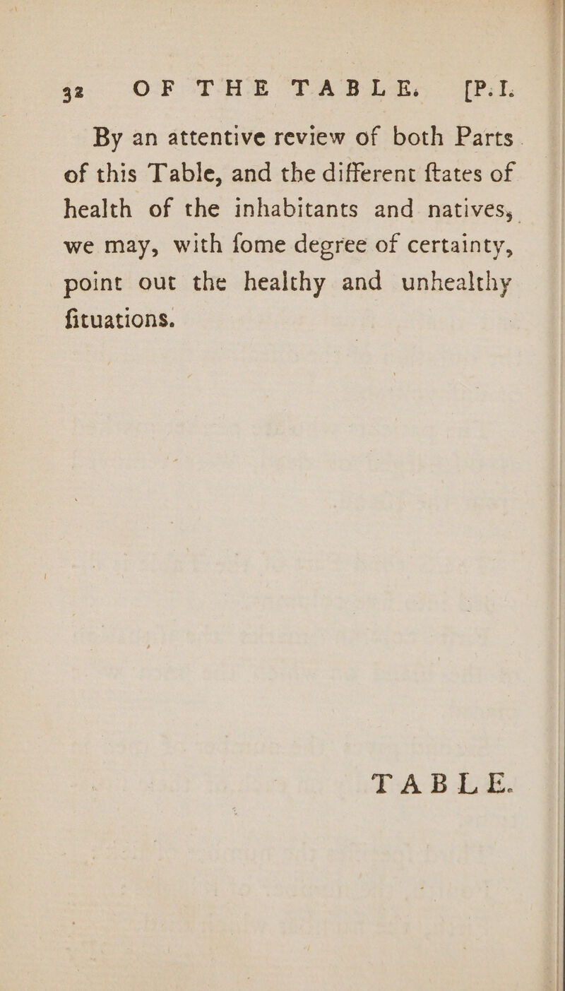 By an attentive review of both Parts. of this Table, and the different ftates of health of the inhabitants and _ natives, we may, with fome degree of certainty, point out the healthy and unhealthy fituations. PAB L&amp;E.