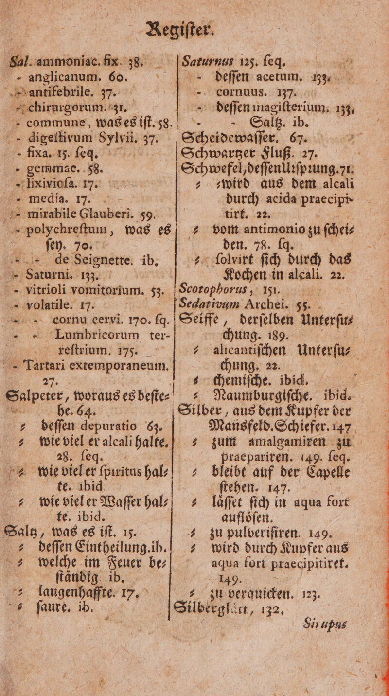Sal. ammoniac. fix 38. - anglicanum. 60. antifebrile. 37. chirurgorum. 31. commune, was es iſt. 58. . digeſtivum Sylvii. 37. e fixa, I;, e. - gemmaäe.. . „Iixivioſa. 17. meckis. 17 mirabile Glaube eri. 59. fey. 70. i de Seignette ib. - Saturni. 133. vitrioli vomitorium. 53. volatile. 17. cornu cervi. 170. fq. Lumbricorum ter- reſtrium. 175. 11 85 1 21 50 extemporaneum. — — . 3 15 2 $ * * * in. be. 64. beſſen depuratio 63. wie viel er alcali halte. „„ wie viel er fpıritus hal⸗ ä te. ibid. 22 wie 5 te. ibid. Salg was es iſt. 15. beſſen Eintheilung. ib. welche im Feuer bez ſtaͤndig ib. 52 laugenhaffte. 17. 5 ER . Sorurnus 125. ſeq. 155 ä deſſen acetum. 33. cornuus. 137. - a Fee 133. is - Galß. ib. Scheidewaſſer. 67. Schwartzer Fluß. 27. Schwefel, deſſenlliſpꝛung. 71. wird aus dem alcali durch acida praecip+ tirt. 22. vom entimanio ga hc | den. 7 ſolvirt 70 0 Purch das Kochen in alcali. 22. Scotophorus, 151. Seiffe, . inter, g. 189. chung. 22. $ „ Naumburgifche. ibid. ilber , aus dem Kupfer der Mansfeld. Schiefer. 147 praepariren. 49. ſeq. bleibt auf der Capelle ſtehen. 147. + laͤſſet ſich in aqua fort aufloͤſen. zu pulveriſiren. 149. wird durch Kupfer aus aqua fort praecäpitiret. zu verquicken. 123. Silbergl „ | Sirupus