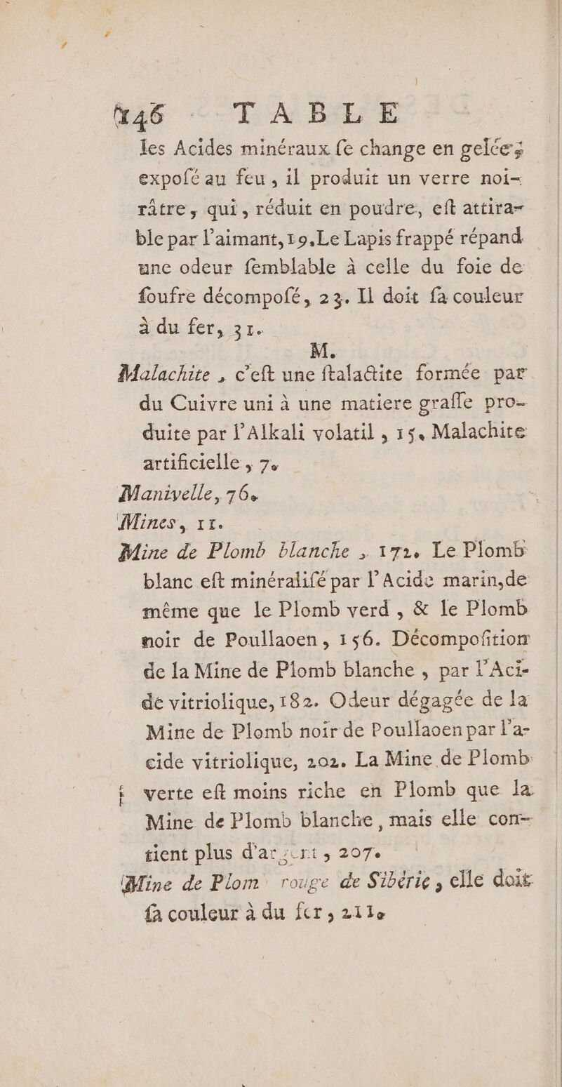 x46 TABLE les Acides minéraux {e change en gelée; expofé au feu, il produit un verre noi- râtre, qui, réduit en poudre, eft attira= ble par l’aimant, 19,Le Lapis frappé répand une odeur femblable à celle du foie de foufre décompofé, 23. Il doit fa couleur à du fer, 31. Malachite , c’eft une ftala@ite formée par du Cuivre uni à une matiere grafle pro- duite par l’Alkali volatil , 15, Malachite artificielle ; 7, Manivelle, 76. Mines rt. | Mine de Plomb blanche , 172. Le Plomb blanc eft minéralifé par l’Acide marin,de même que le Plomb verd , &amp; le Plomb noir de Poullaoen, 156. Décompoñtiom de la Mine de Plomb blanche , par l’Aci- dé vitriolique, 182. Odeur dégagée de la Mine de Plomb noir de Poullaoen par l’a- cide vitriolique, 202. La Mine de Plomb. t verte eft moins riche en Plomb que la Mine de Plomb blanche, mais elle con- tient plus d'ar;cri, 207. (Mine de Plom rouge de Sibérie, elle doit. à couleur à du tr; 2110