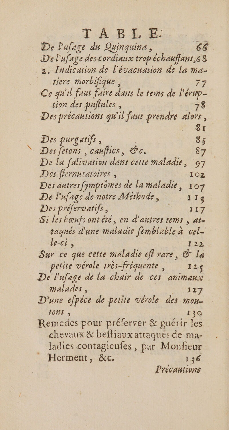 De l'ufage du Quinquina, 66 De l'ufage des cordiaux trop échauffans,68 2. Indication de l'évacuation de la ma- tiere morbifique , €Ce 74 il faut faire dans le tems de lé ol tion des pufrules 3 78 Des précautions qu'il faut prendre alors, 81 Des purgatifs, 85 © Des fetons , cauflics, Sc. 87 De la falivation dans cette maladie, 97 Des féernntatoires , 102 Des autres fymptomes de la maladie, 107 De lufage de notre Méthode, 113 Des préfervatifs, ARR CT: à Si les bœnfs ontété, en d'autres tems , at- taqués d'une eds femblable à cel- le-ci, 122 Sur ce que cette maladie eff rare, © la petite vérole très-fréquente, 126 De l'ufage de la chair de ces animaux malades , 127 D'une epéce de petite vérole des mou tons , 130 Remedes pour préferver &amp; guérir les chevaux &amp; befliaux attaqués de ma- ladies contagieufes, par Monfieur Herment, &amp;c. 136 me