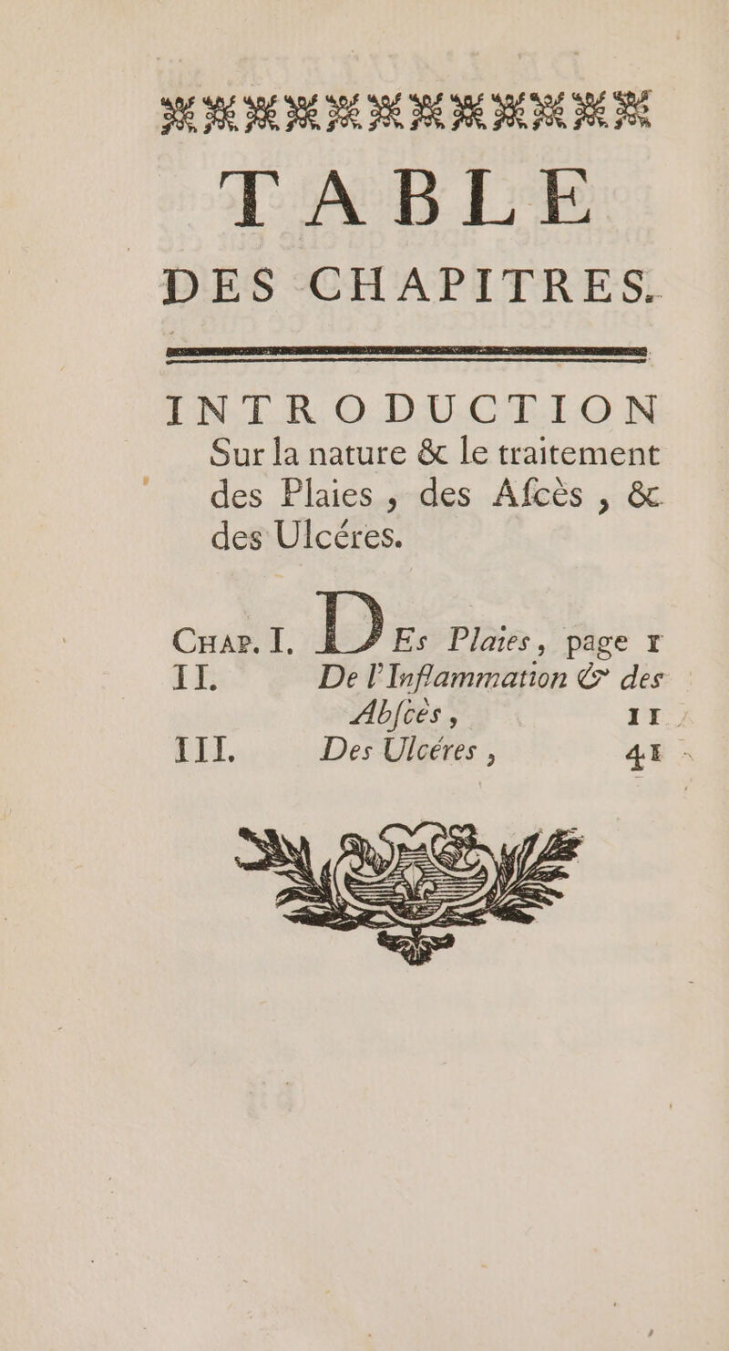 BED DRE DE DE DRE DRE RE TABLE DES CHAPITRES. TONER. O D'UC'ELI O N Sur la nature &amp; le traitement des Plaies , des Afcès , &amp; des Ulcéres. CHar. I. D Es Plaies, page r II. De l'Inflammation &amp; des Abjces, FE III. Des Ulcéres , 4E -