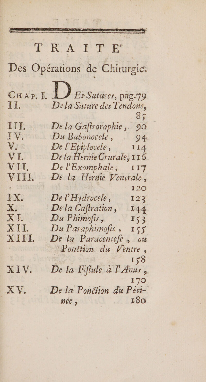 TITI. EV, V. VE VIT. EX, X. X E. X 11. XIV. pa De la Suture des Tendons, 8$ De la Gaftroraphe,. go Du Bubonocele, 94 De l'Eprplocele, 114 De la Hernie Crurale, 116 De PExomphale, 117 De la Herme Venirale, 120 De l’Hydrocele, 123 De la Cafiration, 144 Du Phimofis, ES Du Paraphimofrs , 1$$ De la Paracentefe , ou ‘Poncion du Ventre, | 158 De la Fiflule à P'Anus, 170 De la Ponction du Péri- née ; 180