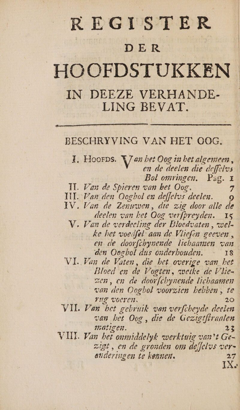 REGISTER | MER HOOFDSTUKKEN IN DEEZE VERHANDE- LING BEVAT. BESCHRYVING VAN HET OOG. 1. Hoorps. Vve het Oog in het algemeen, en de deelen die deffelvs Bol omringen, Pag. x TL. Van de Spieren van het Oog. gj NI. Pan den Oogbol en deflelvs deelen. 9 IV. Van de Zennwen, dre zie door alle de deelen van bet Oog werfpreyden. 15 V. Van de verdeeling der Bloedvaten, wel- ke het voedfel: aan de Vliefen geeven, en. de doorfëhynende lichaarmen van den Oogbol dus onderhouden. 18 VL Van de Vaten, die het overige van het Bloed en de Voeten, wetke de Vlie- zen, en de doorfchynende lichaamen wan den Ongbol voorzten hebben, te FUT VOOFEN, 20 VIT. Van het gebruik wan verfcheyde deelen van bet Oog, die de Gezigtftraalen matigen. | | 23 VIT Wan het onmiddelyk werktuig van't Ge- zigt, en de gronden om deffelus ver= euderingen te kennen. hee
