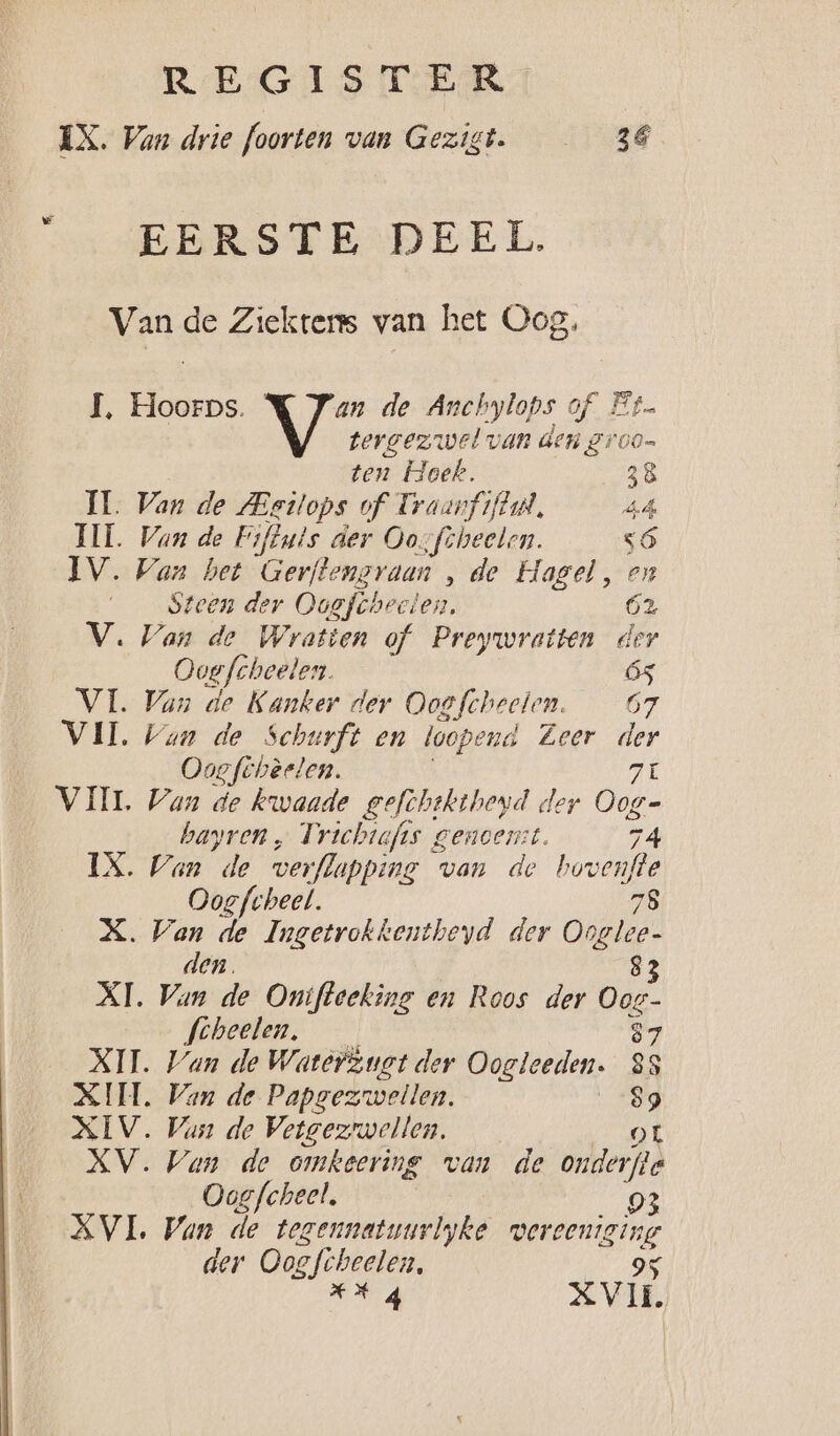 EX. Van drie foorten van Gezigt. 38 e EERSTE DEEL. Van de Ziekters van het Oog. Ï, Hoorps. X Fan de Anchylops of Et tergezwel van Gen Zr00= ten ‚ Hoek. 38 IL. Van de LEgilops of Traanf flis 44 HL Van de Fiftuis der Oos ft len só IV. Van bet Gerftengraan ‚de Hagel, on Steen der Oaefcheclen, 62 V. Van de Wratten of Preywratten der Oogfcheelen. ós VI. Van de Kanker der Oogfcheeten. 67 VIT. Van de Schurft en loopend Zeer jak Oog fébèeten. VIIL. Van de kwaade gefichektheyd der Bo hayren „ Trichtafss genoemt. 74 IX. Vande werflapping van de bovenfte Oog fcheel. 78 X. Van de Ingetrokkentheyd der od den. 82 XI. Van de Onifleeking en Roos der de fcheelen, XII. Vun de Waterzuet der Oogleeden. Ei KIT. Van de Papgezwellen. a XIV. Pun de Vetgezrwellen. XV. Wan de omkeering van de onder ie Osgfcheel, 03 XVI. Van de tezennatuurlyke ek der Oog fbheelen, 14 xvit.