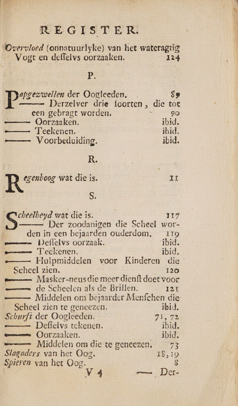 ‘Overvloed (onnatuurlyke) van het wateragtig _ Vogt en deffelvs oorzaaken. 124 Ër: apsezwellen der Oogleeden, Ss Derzelver drie foorten , die toc een gebragt worden. ì 90 == Oorzaaken. ibid. —_— Teekenen. ibid. _—— Voorbeduiding. ibid, R. gs wat die is. ii S. Ccheelbeyd wat die is. 117 S Der zoodanigen die Scheel wor- den in een bejaarden ouderdom, 119 gamme Heflelvs oorzaak. ibid. pe Teckenen. | ibid. ee Hulpmiddelen voor Kinderen die Scheel zien. __ 120 Bama Masker-neusdie meer dienft doet voor mmm de Scheelen als de Brillen. 121 —— Middelen om bejaarder Menfchen die Scheel zien te geneezen. ibid. Schurft der Oosleeden. A18, e__ Deffelvs tekenen. ibid, eemanmn Oorzaaken. ibid, mmm Middelen om die te geneezen, 73 Slagaders van het Oog. 18,19 Spieren van het Oog. 8 vV4 — Der-