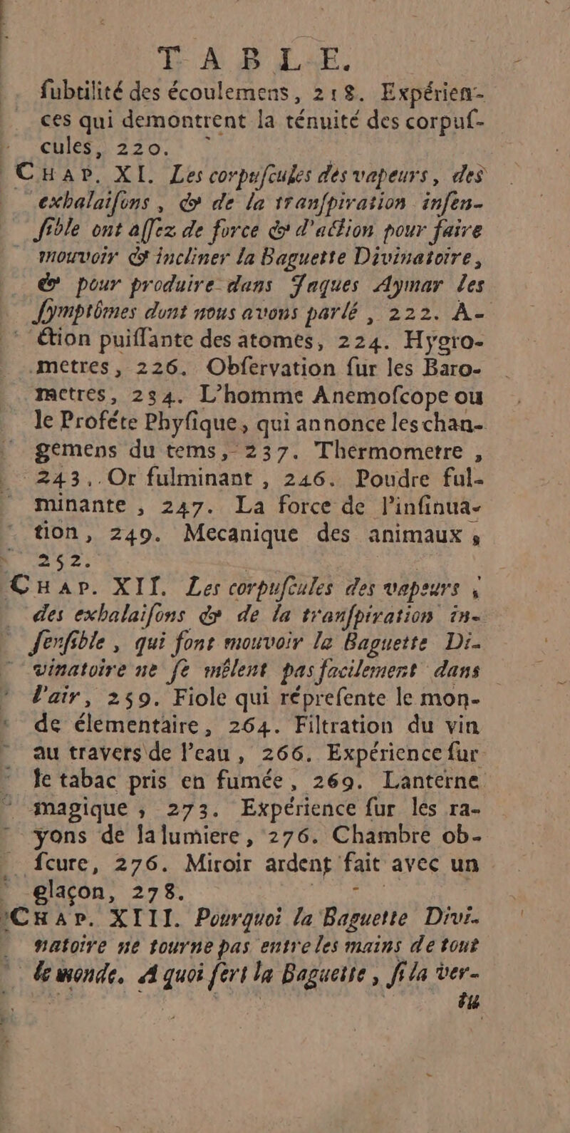 T A B L:E. fubtilité des écoulemens, 218. Expérien- ces qui demontrent la ténuité des corpuf- Che 2201: | | CuHar. XI. Les corpufcules dés vapeurs, des exbalaifons , &amp; de la tranfpiration infen- Jivle ont affez de force &amp;* d'attion pour faire _ mnouvoir © incliner la Baguette Divinatoire, &amp; pour produire dans Jaques Aymar Les Jomptômes dons nous avons parlé , 222. À €tion puiflante des atomes, 224. Hygro- metres, 226. Obfervation fur les Baro- metres, 234. L'homme Anemofcope ou le Proféte Phyfique, qui annonce leschan- gemens du tems, 237. Thermometre, 243, Or fulminant , 246. Poudre ful- minante , 247. La force de linfinua- tion, 249. Mecanique des animaux s h 252. | CHap. XII. Les corpufcules des vapeurs des exhalaifons &amp;» de la t'anfpiration in- * Jenfible, qui fone mouvoir la Baguette Di- © winatoire ne fe mélent pas facilement dans » d'air, 259. Fiole qui réprefente le mon- : de élementaire, 264. Filtration du vin ” au travers de l’eau, 266. Expérience fur fe tabac pris en fumée, 269. Lanterne magique ; 273. Expérience fur lés ra- yons de lalumiere, 276. Chambre ob. fcure, 276. Miroir ardent fait avec un _ glaçon, 278. Do 2CHap. XIII. Pourquoi la Baguette Dir. _ #atoire ne tourne pas entre les mains de tout ” déwonde, A quoi fert la Baguctie , fila ver- Riu: ë MEL | tu Lr: :