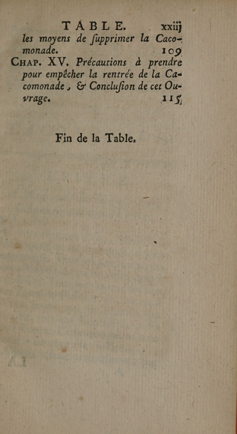 TAB EE. : &gt;. ‘x les moyens de JReptner la Caco- monade. . 109 Car. XV. Précautions à prendre pour empêcher la rentrée de la Ca= comonade ; &amp;’ Conclufion de cet Ou- vrage. 11$ Fin de la Table,