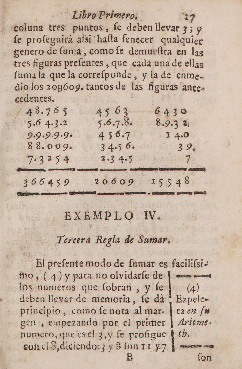 « «coluna tres puntos, le deben llevar 3; y, le profeguiraá aísi hafta fenecer qualquier genero de luma , como le demucltra en las tres figuras prelentes , que cada una de ellas fuma la que la correlponde, y la de enme.. dio los 20p609.tantos de las figuras antes cedentes. /48.765 4563 6430 5.6 4.3.2 5.6.7.0 8.9.3 2 9:9.9.9-94 456.7 I 4.0 838,009. 3 4.5 6. 39, 10 77% 2.3 4:5 7 366459 20609 15548 EXEÉMPLO 1V. Tercera Regla de Sumar, El prefente modo de fumar es facilifsi= ho, (4) y para no olvidaríe de | cia emos los numeros que fobran , y | (4) deben llevar de memoria, fe da | Ezpele- principio, como le nota al mar- | ta en fs gen, empezando por el primer |] Aritmmé- numero, que'esel 3,y le profigue en con cl 3,diciendo:3 y 8 fon 11 y7. | uooesen mean | B íon