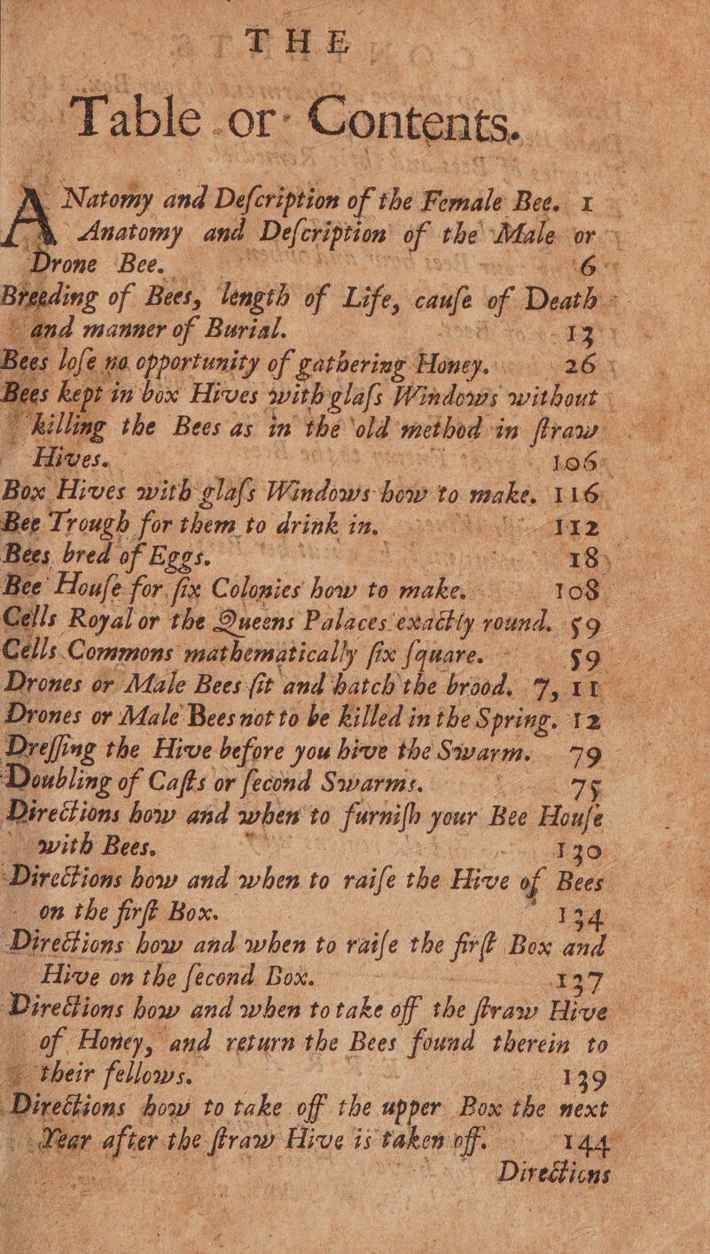 bib Or yee A \ Nasory and Defer - the Smile Bets is ~&amp; Anatomy and Defeription le the Male o Drone Bee. : ‘ ceding of Bees, ‘mpi of Life, canfe of be and manner of Burial. a tne EY se lofe, ne opportunity of gathering Hames, 26% pt in box Hives with: glals Windows without — Hives. 106 oa | Box Hives with Bre Mata Sin to make i an Bee Trough for them to drink i ithe CO doh “a Bees bred of Eggs. peer. a Os Cells Royal or the Queens Palaces eet rotnd, 59 Dreffing the Hive before you hive the Swarm. = ; Doubling of Cafts or [econd Sovarms. | Riredions how and when to furni{h your Bee How) with Bees. “al OES DirciBiois how and when to raife the tice of Bees. on the firft Box. ere Direétions how and when to raife the ae Box and Hive on the fecond Box. a of Honey, and return the Bees found therein to their fellows. 2b E39 ey Direétions how to take off the upper Pox the next — Wear qe rhe ee Hive is taken off. 14a eee are are Dives