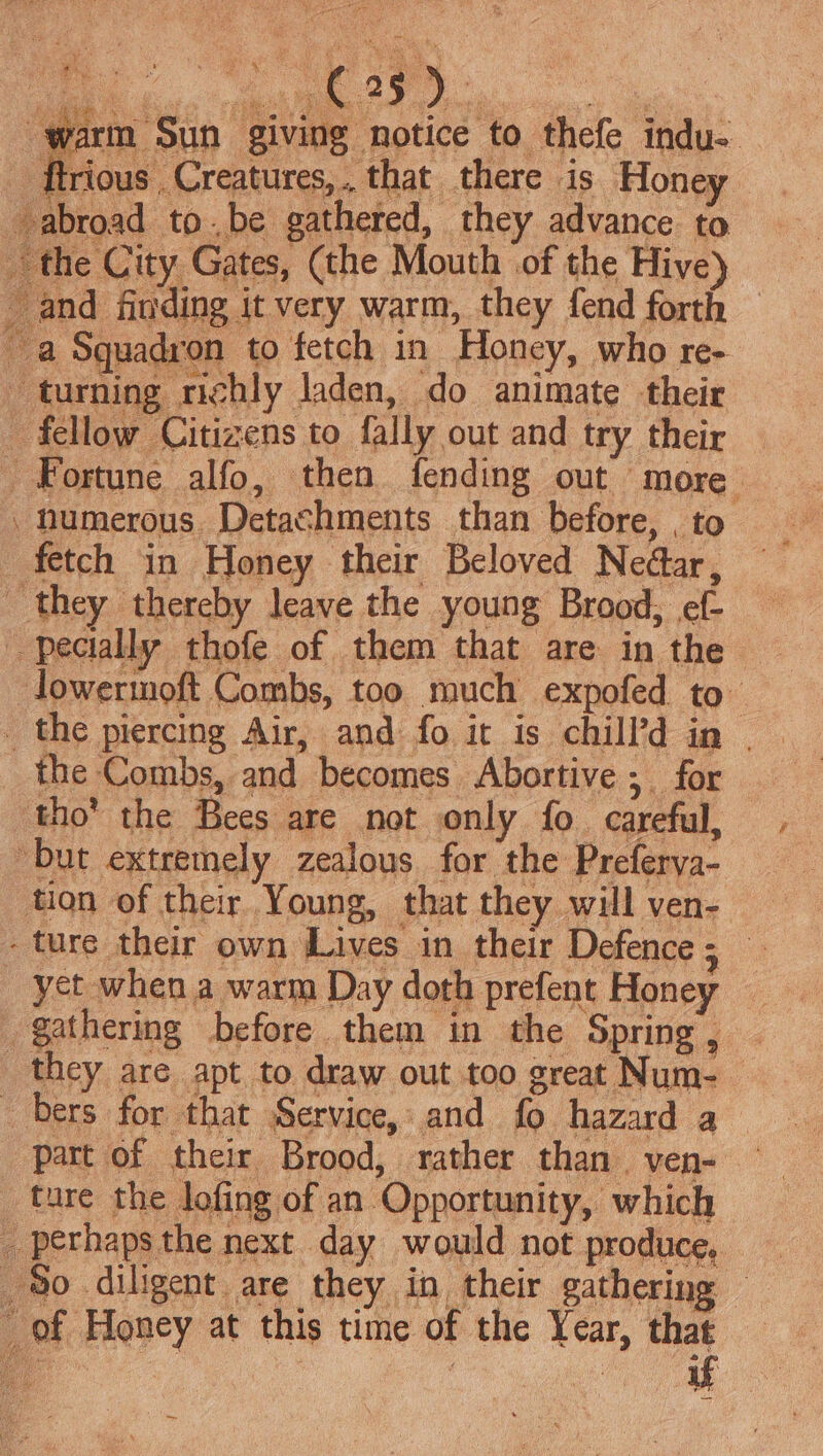 ‘warm Sun giving notice to thefe indu- ftrious Creatures, that there is Honey abroad tobe gathered, they advance. to he City Gates, (the Mouth of the Hive) and finding it very warm, they fend forth a Squadron to fetch in Honey, who re- “turning richly laden, ‘do animate their - fellow Citizens to fally out and try their Fortune alfo, then fending out more. _fumerous Detachments than before, , to fetch in Honey their Beloved Nedar, they thereby leave the young Brood, ef- lowermoft Combs, too much expofed to , _ the piercing Air, and fo it is chill’d in | the Combs, and becomes Abortive ; for ‘tho’ the Bees are not only fo. careful, “but extremely zealous for the Preferva- tion of their Young, that they will ven- — _ yet when a warm Day doth prefent Honey gathering before them in the Spring , they are apt to draw out too great Num- _ bers for that Service, and fo hazard a part of their Brood, rather than. ven- ture the lofing of an Opportunity, which _ perhaps the next day would not produce, | 0 diligent are they in their gathering — of Honey at this time of the Year, that ~