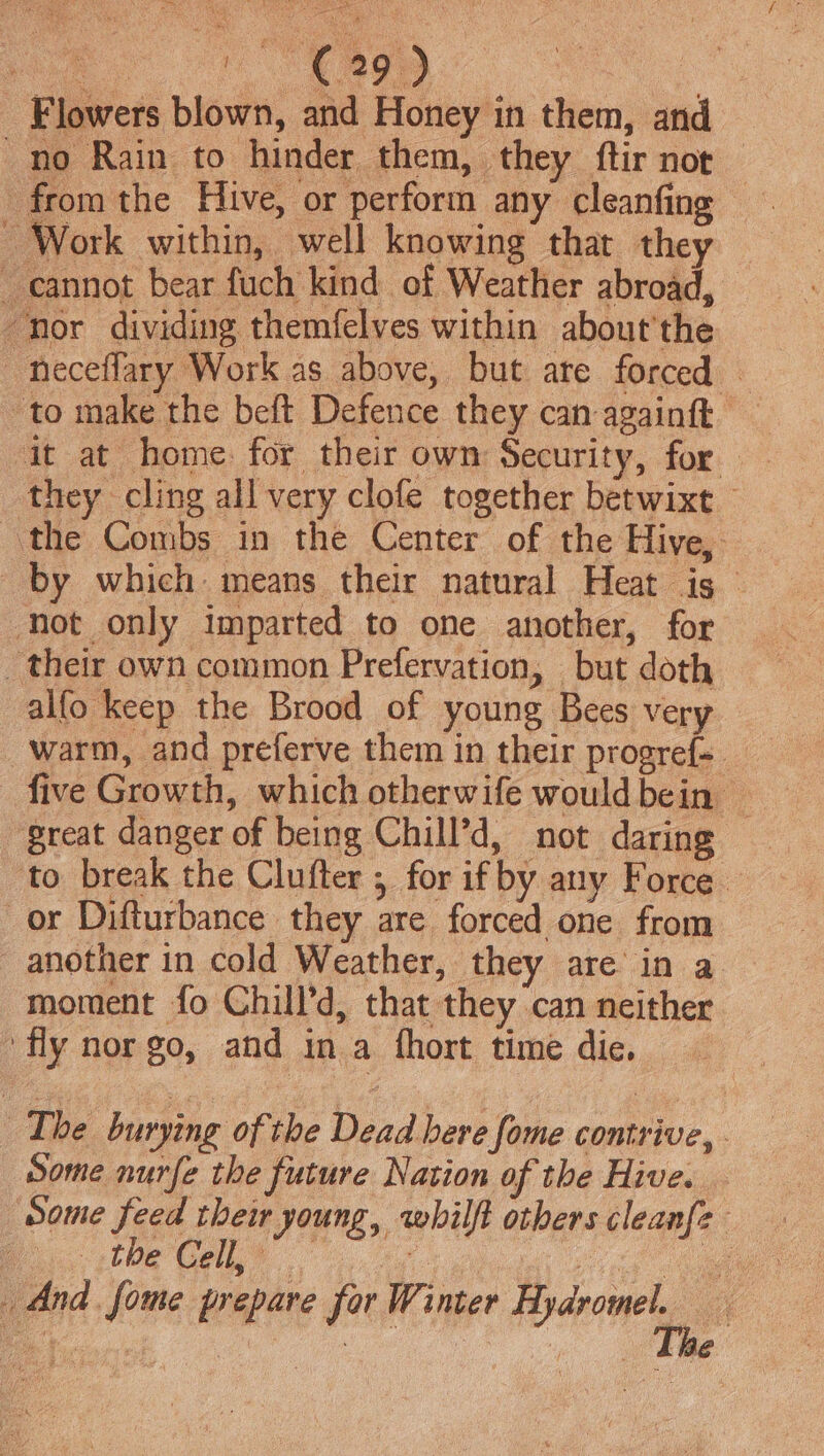 Flowers blown, and Honey in them, and no Rain to hinder them, they ftir nor Work within, well knowing that they — cannot bear fuch kind of Weather abroad, “nor dividing themfelves within about'the —neceflary Work as above, but are forced to make the beft Defence they can againft _ they cling all very clofe together betwixt — the Combs in the Center of the Hive, by which: means their natural Heat is Not only imparted to one another, for _ their own common Prefervation, but doth alfo keep the Brood of young Bees very warm, and preferve them in their progre{=. five Growth, which otherwife would bein great danger of being Chill’d, not daring — to break the Clufter ; for ifby any Force or Difturbance they are forced one from another in cold Weather, they are in a moment fo Chill’d, that they can neither fly nor go, and in a {hort time die. The burying of the Dead bere fome contrive, . Some nurfe the future Nation of the Hive. some feed their young, whilft others cleanfe oo. the Cells : i And fome prepare for Winter Hydromel. he
