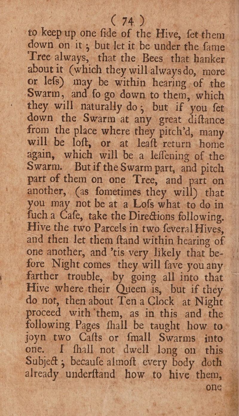 down on it, but Jet it be under the fame Tree always, that the Bees that hanker about it (which they will alwaysdo, more Swarm, and fo go down to them, which ‘they will naturally do; but if you fet down the Swarm at any great diftance from the place where they pitch’d, many will be loft, or at leaft return -home Swarm. Butif the Swarm part, and pitch part of them on one Tree, and part on you may not be at a Lofs what to do in fuch a Cafe, take the Diredtions following. Hive the two Parcels in two feveral Hives, and then let them ftand within hearing of one another, and ’tis very likely that be- fore Night comes they will fave you any farther trouble, by going all into that Hive where their Queen is, but if they “do not, then about Ten a Clock at Night proceed with them, as in this and the joyn two Cafts or fmall Swarms into one. I fhall not dwell long on. this Subject 5 becaufe almoft. every body doth