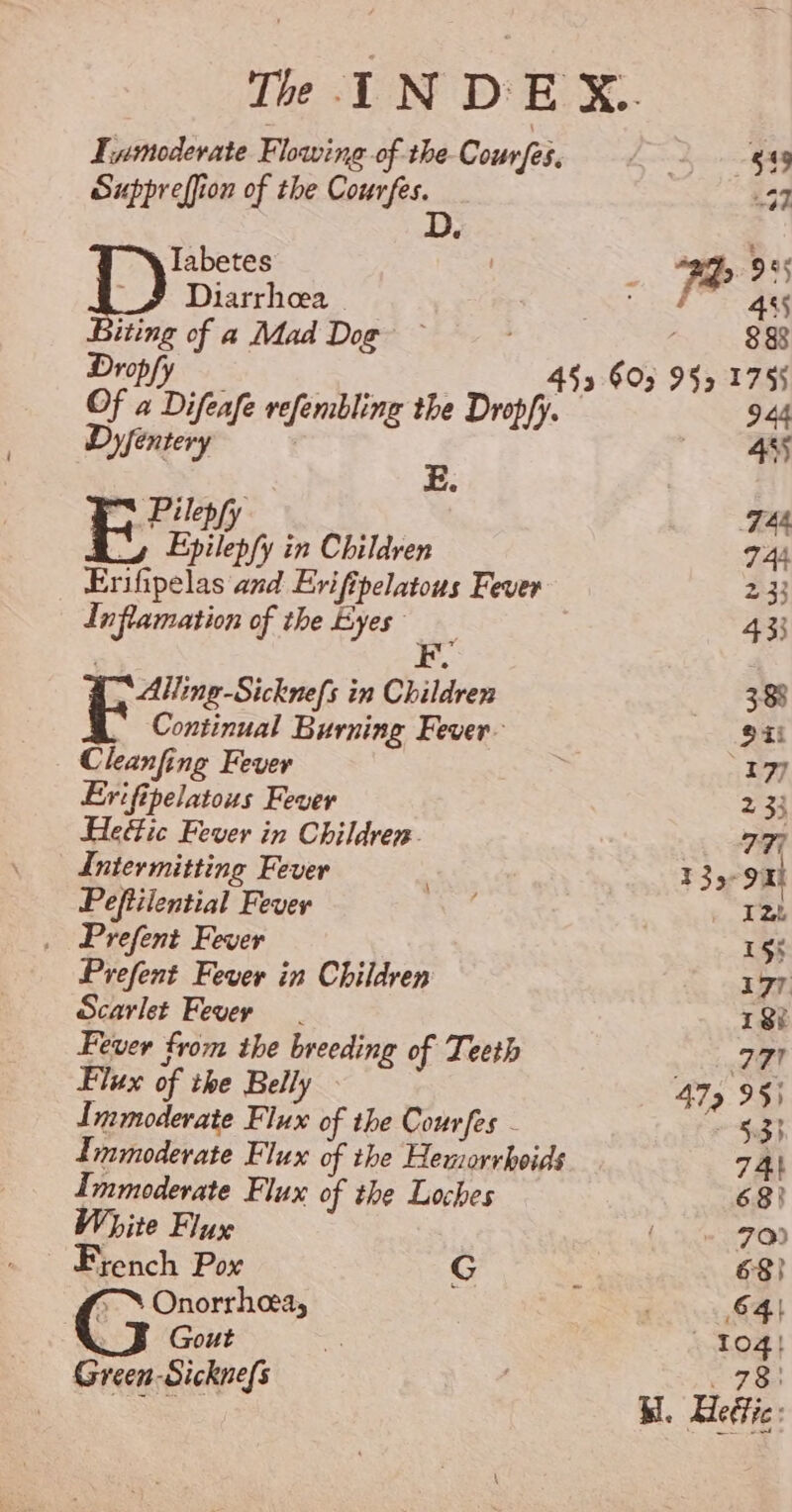 Fnmoderate Flowing of the Courfes. i 549 Suppreffion of the Courfes. 57 Tabetes | 9 985 D Diarrhea iat 455 iting of a Mad Doge ~ : 8 88 Dropfy | 453 603 9§3 1755 Of a Difeafe refembling the Dropfy. 944 Dyfentery d ae) ms Pilepfy TAs _4 Epilepfy in Children 744 Erifipelas and Erifipelatous Fever 233 Inflamation of the Byes 433 | F. f lecnteetiee in Children 8 Continual Burning Fever- Sil Cleanfing Fever : 177 Eri fipelatous Fever 2 33 Heéic Fever in Children. TF Intermitting Fever . 135- 91! Peftilential Fevey : , Teh . Prefent Fever 15% Prefent Fever in Children 177. Scarlet Fevey 18 Fever from the breeding of Teeth 27 Flux of the Belly 475 95} Immoderate Flux of the Courfes - ad: Immoderate Flux of the Heuzorrhoids TAL Immoderate Flux of the Loches 68} White Flux (ce PD French Pox G : 68) &lt;™ Onorrhea, ' G4 ~ 3 Gout = 104! Green Sickne : «738 Rl. Hetfie: