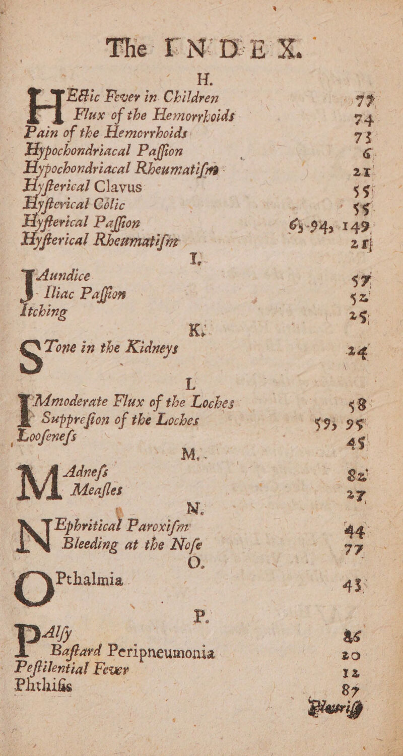 r WEE ic Fever in. Children Flux of the Hemorrhoids Pain of the Hemorrhoids Hypochondriacal Paffion /fterical Clayus: Hota Colic uy, yflerical Paffion Lyfterical Rheamatifir Ty. . FAundice J Tliac Paffion tching K So” in the Kidneys L TM moderate Flux of the Loches P Supprefion of the Loches Loofenefs fl Adnefs | Meafles e W. Ne Pavoxifmr Bleeding at the Nofe 2 ees : ; Baftard Peripneumonia | Peftilential Fever Phthifis ; 2 65-945 149, 24}