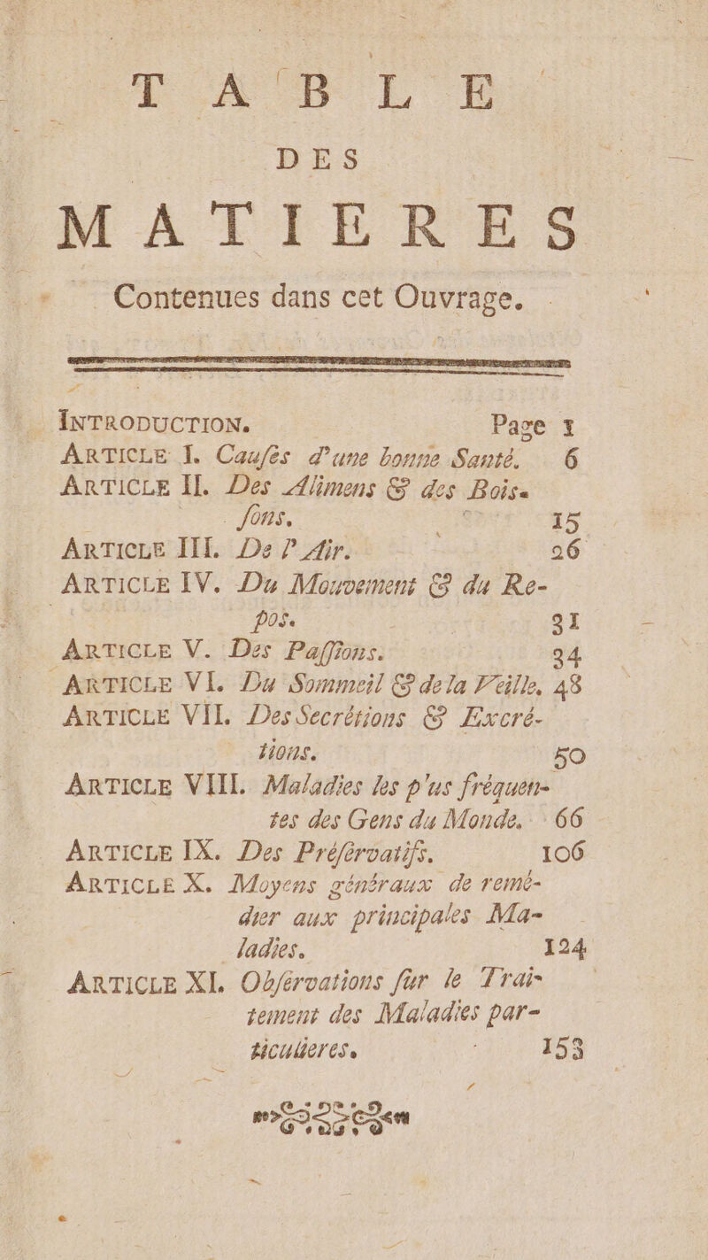 DOATB LE D | DES MATIERES _ Contenues dans cet Ouvrage. Page 1 . fons. ai. 15 ARTICLE JIL De ? Air. 26 ARTICLE IV. Du Mouvement &amp; du Re- POS 91 ARTICLE V. Des Paffions. 24 ARTICLE VE Du Sommeil &amp; dela Vilk, 48 ARTICLE VIL Des Secrérions &amp; Excré- ions. 5O ARTICLE VIIL Maladies Les p'us fréquen- tes des Gens du Monde. 66 ARTICLE IX. Des Préféroarifs. 106 ARTICLE X. Moyens généraux de remè- dier aux principales Ma- _ladies. 124 ARTICLE XI. Obféroations fur le Trai tement des Trans par- ficuleres, 155 mr ISECS&lt;e .
