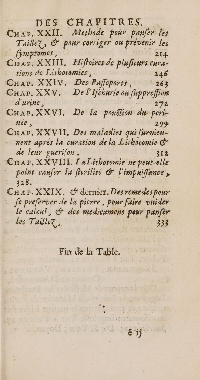: DÉS CHAPITRES. Car. XXII. Merhode pour parer es Taille? © pour corriger où prévenir les | fymptomes, 214 CHar. XXIII. Hiffoires de plufieurs cura- tions de Lithotomies, 246 Car. XXIV. Des “Pafféports 263 Cnar.XXV. De PIfchurie ou fuppreffion d'urine, 2e Car. XXVI. De la ponélion du: peri- née, 299 Cuar. XXVITI. Des maladies qui [urvien- ent après la curation dela Lithotomie &amp; de leur guerifon. 312 “Cuar. XXVIIL LaLithotomie ne peut-elle point canfer la fferiliré © l'impuiffance , 328, Cnar. XXIX. dernier. Desremedes pour fe preferver de la pierre, pour faire vuider le calcul, © des medicamens pour panfer Les Taille ZX, 333 Fin de la Table. céi