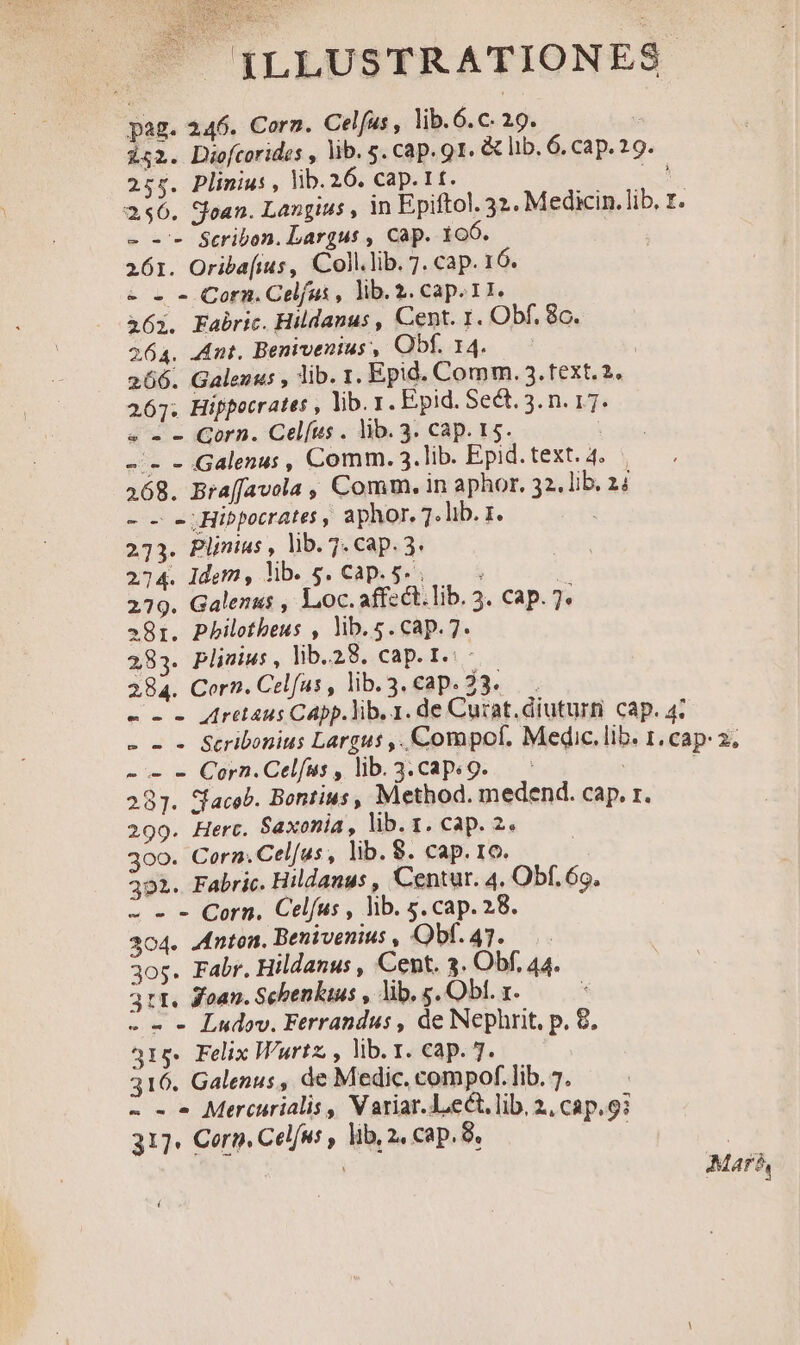 pag. 246. Corn. Celfus, lib. 6.c. 29. | i52. Diofcorides , lib. 5. Cap. 91. &amp; lib. 6. cap. 29. 255. Plinius , lib. 26. cap. It. xu 256. Sean. Langius , in FEpiftol. 32. Medicin. lib. r. e -- Stribon. Largus , cap. 106. 261. Oriba[ius, Coll.lib. 7. cap. 16. e - - Corn. Celfui , lib. 2. cap. 11. a6. Fabric. Hildanus , Cent. 1. Obf. 8o. 264. Ant. Benivenius, Obf. 14. | 266. Galenus , lib. 1. Epid. Comm. 3. text. 2. 267. Hippocrates , lib. r. Epid. Sect. 3. n. 17. e -» - Gorn. Celíus . lib. 3. Cap. 15. | -.- - Galenus , Comm. 3. lib. Epid.text.4. . 268. Braffavola , Comm. in aphor. 32. lib. 24 - - 2uHibpocrates , aphor. 7. lib. 1. 273. Plinius , lib. 7. cap. 3. 274. Idem, lib. s. cap. 5. 1 219. Galenus , Loc. affzct.lib. 3. cap. 7. 281. Pbilotbeus , lib. 5. cap. 7. 283. Plinius, lib.28. cap.I. - 284. Corn. Celfus, lib.3,cap. 23... e Aret4us CApp.lib. 1. de Curat.diuturm cap. 4: - - . Scribonius Largus ,. Compof. Medic. lib. 1, cap: 2; - - - Corn.Celfus , lib. 3.cap«9. : 283. Sfaceb. Bontius, Method. medend. cap. r. 299. Hert. Saxonia, lib. 1. cap. 2. 300. Cera. Celfus, lib. $. cap. ro. 321. Fabric. Hildanus , Centur. 4. Obf. 66. 2 - - Corn. Celfus , lib. 5. cap. 28. 304. 4fnton. Benivenius , Obf.47. 30s. Fabr. Hildanus , Cent. 3. Obf, 44. art. Xoan. Schenkius , lib. s. Obl. r. | -- - Ludov. Ferrandus , de Nephrit, p. 8, 315. Felix Wurtz, , lib. 1. cap. 7. 316. Galenus , de Medic. compof. lib. 7. - - « Mercurialis , V ariar.Lect. lib, 2, cap.93 317. Corp. Celfus , lib, 2. cap. 8, | Mar, í