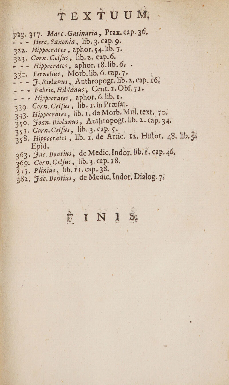 pag. 317. Marc.Gatinaria , Prax. cap. 36. --- Herc. Saxonia , lib. 3. Cap. 9. 322. Hippocrates , aphor. $4. lib. 7. 323. Corn, Celfus , lih. 2. cap.6. - -- Hippocrates , aphor. 18.lib.6; . 33o. Fernelius, Motb.lib. 6. cap. 7. : L-- S.Rielazus ,, Anthropogr. lib. 2. cap. 16; - - . Fabric, Hildanus , Cent. x. Obf, 71.- - - - Hippocrates , aphor. 6.lib. 1. 339. Corn. Cel[us , lib. r.in Pracfat..|, 343. Hippocrates , lib, r. de Morb. Mul. text. 70. 350. Joan. Riolanus , Anthropogr. lib. 2. cap. 34. 357. Corn. Celfus , lib. 3. cap. 5. 358. Tuo , lib, r, de Artic. 12. Hiflor. 48. lib. 5; pido | : E 363. Jac. Bontius, de Medic. Indor. lib. 1. cap. 46. 3609- Corn. Celfus ,. lib, 3. cap. 18. 377. Plinius, hb. 11.cap. 39. - 2 382. Sac. Bentius , de Medic, Indor. Dialog. 7; -—— PINE