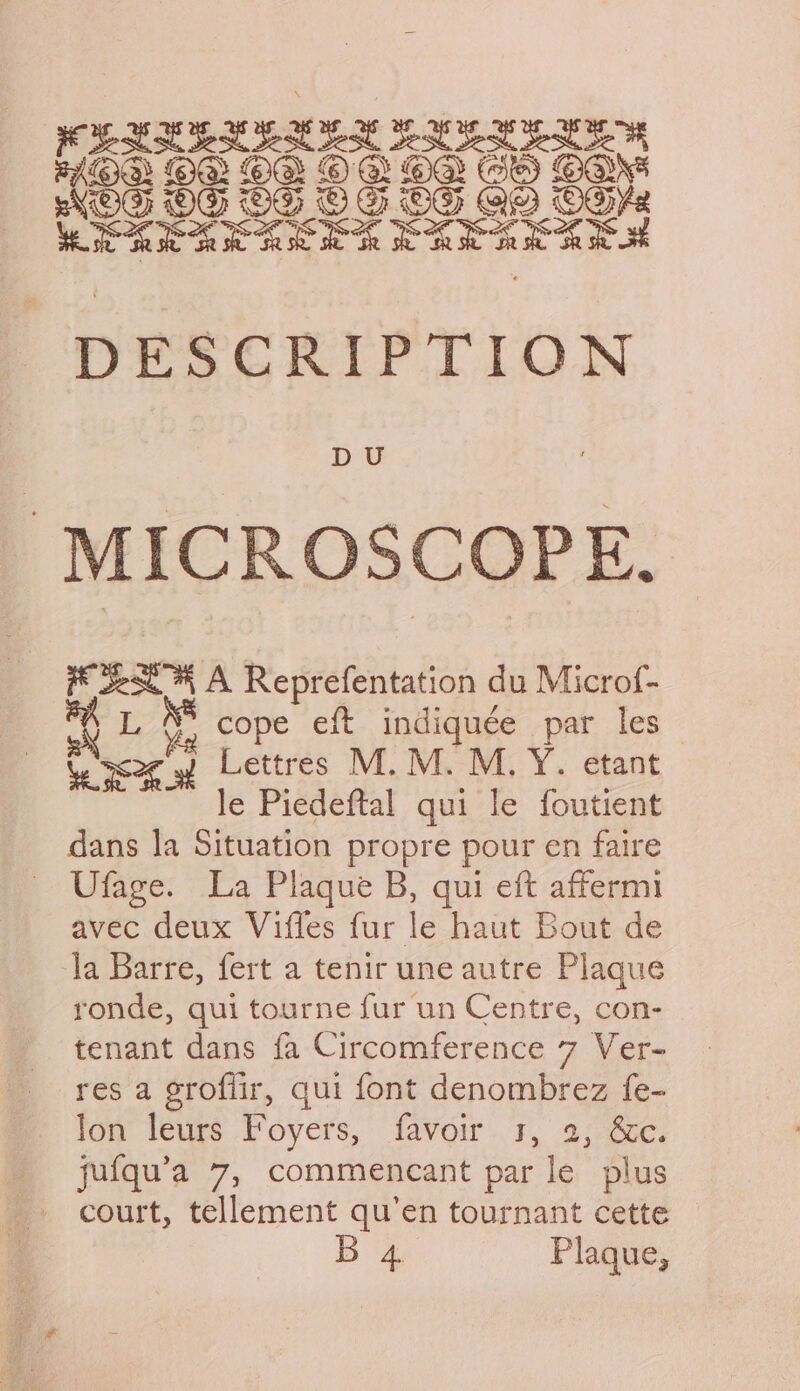 MICROSCOPE. ie ese A Reprefentation du Microf- L &amp;* cope eft indiquée par les \ sag yf Lettres M.M. M. Y. etant le Piedeftal qui le foutient dans la Situation propre pour en faire Ufage. La Plaque B, qui eft affermi avec deux Viffes fur le haut Bout de ‘la Barre, fert a tenir une autre Plaque ronde, qui tourne fur un Centre, con- tenant dans fa Circomference 7 Ver- res a groflir, qui font denombrez fe- Ion leurs Foyers, favoir 5, 2, &amp;c. jufqu’a 7, commencant par le plus - court, tellement qu’en tournant cette B 4 Plaque,