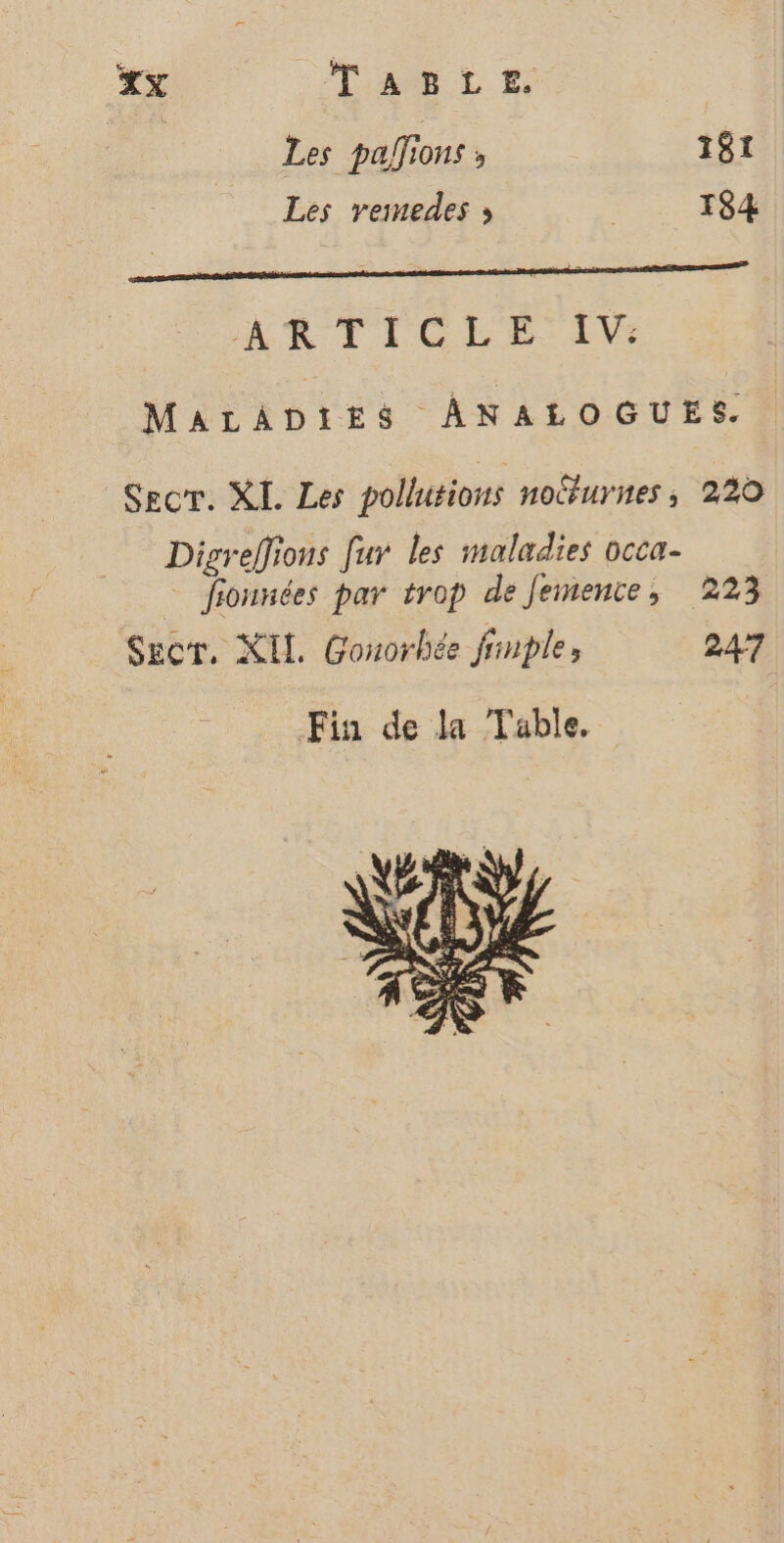 Les paljions » 181 Les vemedes » 184 ARTICLE LYS MALADIES ÂNALOGUES Secr. XL Les pollutions noflurnes; 220 Digreffions fur les maladies occa- _ fjonnées par trop de Jemente, 223 Secr. XIL. Gouorhée frnples 247 Fin de la Table,