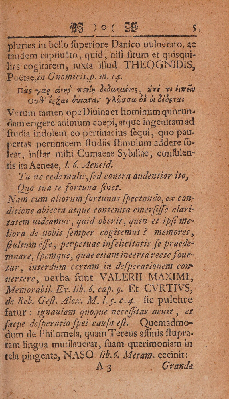 Jias cogitarem, iuxta. illud. THEOGNIDIS di &amp;tae 2 G'nomicir. d WC x Ncrum tamen ope Diuinaet hominum quorun- . dam erigere animum coepi, atque ingenitam ád. pertas pertinacem ftudiis ftimulum addere fo-.- leat, inftar mihi Cumaeae Sybillae. ES ia oodd tis ita Aerteae, /. 6. 2eneid. : —— Tu ue cede malis,fed contra audenrior. Ls —. Quo tua te fortuna finet.—— | Nam cum aliorum fortunas Lande ex COll- ditione abiecta atque couzemta emer, /fJe clarí- arem uidemnus , quid oberit, quin er ipft me- | feuleum effe, perpetuae infelicitatis fe praede- maare, [pemque, quae etjam incertavecte foue-. gur, interdum certam inu defperationem com uertere, uerba funt. VALERII. MAXIMI, Menorabil. Ex. lib. 6. cap. 9. Et CVRTIVS,. de Reb. Gef. Alex. M. 1j. c. 4. fic pulchre | dum de Philomela, quam T ereus affinis ftupra-- tam lingua mutilauerat, füam. querimoniam in tela pingents NASO Ail. : Mezam. cecinit: Leder uv Grande ha osito 2: KP cd dA t