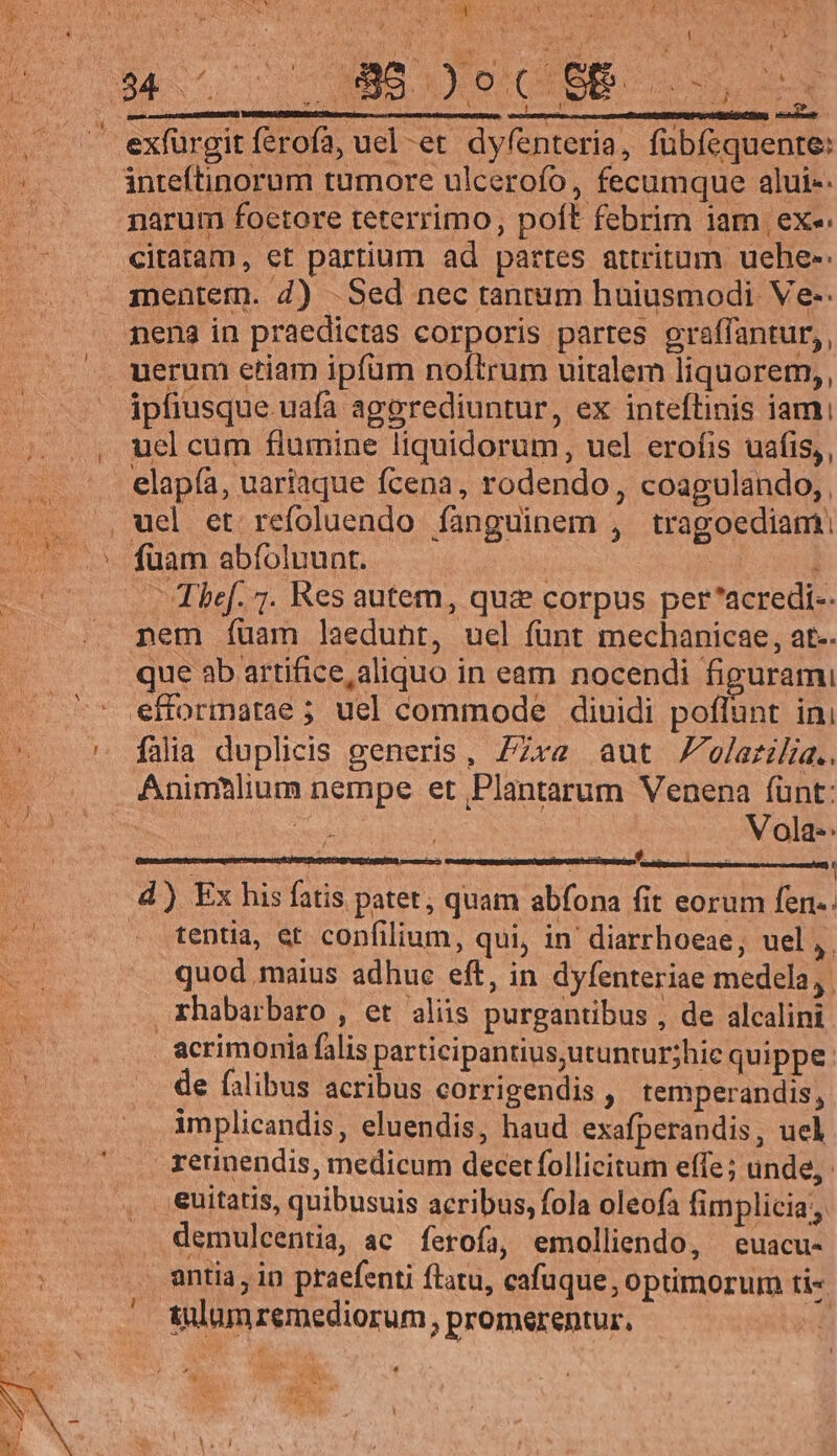 —— LJ exfürgit ferofa, uel -et dyfenteria, fübíequente: inte(tinorum tumore ulceroío, fecumque alui- narum foctore teterrimo, poft febrim iam exe. citatam, et partium ad partes attritum uehe- 1nentem. d) Sed nec tantum huiusmodi. Ve-. nena in praedictas corporis partes graffantur,, ipfiusque uafà aggrediuntur, ex inteftinis iam uel cum flumine liquidorum, uel erofis uafis,, elapía, uariaque fcena, rodendo, coagulando,. fuam abíoluunt. | ) — Thef. 7. Res autem, quz corpus peracredi-- nem fuam laedunt, uel funt mechanicae, at-. que ab artífice, aliquo in eam nocendi figurami eftormarae ; uel commode diuidi poflunt ini falia duplicis generis, PzZxa aut J'elarilia.. Animhlium nempe et Plantarum Venena (ünt: n | Vola-: E : | d) Ex his fatis patet, quam abfona fit eorum fen-: - tentia, et copfilium, qui, in' diarrhoeae, uel, quod maius adhuc eft, in dyfenteriae medela, | rhabarbaro , et aliis purgantibus , de alcalini acrimonia falis participantius;utunturjhie quippe: de falibus acribus corrigendis ,' temperandis, implicandis, eluendis, haud exafperandis, uel reunendis, medicum decetfollicitum effe; unde, €uitatis, quibusuis acribus, fola oleofa fimplicia;, demulcentia, ac ferofa, emolliendo, euacu- anti in praefenti flatu, cafuque , optimorum ti- tülumremediorum , promerentur. IM r ^n» ^ e anie to UTE