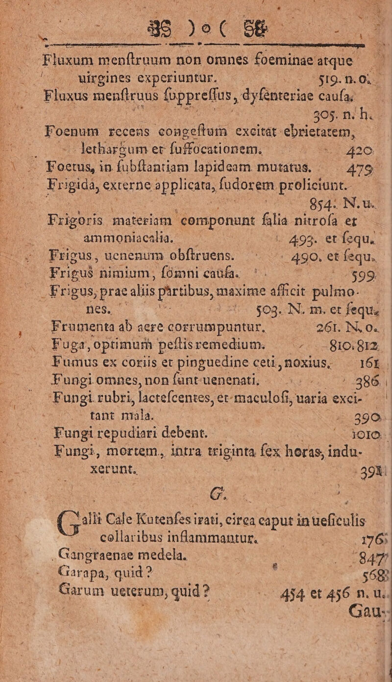 T Fluxum menlruum no non omnes Trap atque ^. Wirgines Pucdrt | x. STO. Tk oU. Fluxus mug foppreffus, dyfenteriae caufa; Foenum. receas congefltum excitat ebrietatem, - - letharSum er fuffocationem. 420 L3: in fübflantiam lapideam mutatus... 479 Er igida, externe Appii fudorem. proliciunt.- 854. IN. u. FEGBUS materiam componunt lia nitrofa et ammoniacalia. - 493. et fequ.- ..490. et fequ. Frigu$ nimium, fómni caufa. 2. 5t uv9g. frigus, prae aliis pártibus, maxime afficit pulmo- - nes. 03. IN. m. et fequ. Frumenta ab aere corrumpuntur, 261. IN, 0. . Fuga, optimurh peflisremedium. — s. 810.812 Fumus ex coriis et pinguedine ceti,noxius, — 16x | Fungi omnes, non fant-uenenati, | * 886 Fungi rubri, lactefcentes, ér- iiculd Wariaexci- — tant zu *4yxo 890. Fungi repudiari debent. | '-3oro.! Fungi, mortem, intra triginta fex erus indu- xerunt. -39X. » c/o ^ e Cale Kutenfes irati, circa i dpus in üefieulis ^ . eollaribus inflaamantur. | 1765 . Gangraenae medela. iom Garapa, quid ? C  558 perum ueterum, qnas 44 et 456 s u.. Gau: