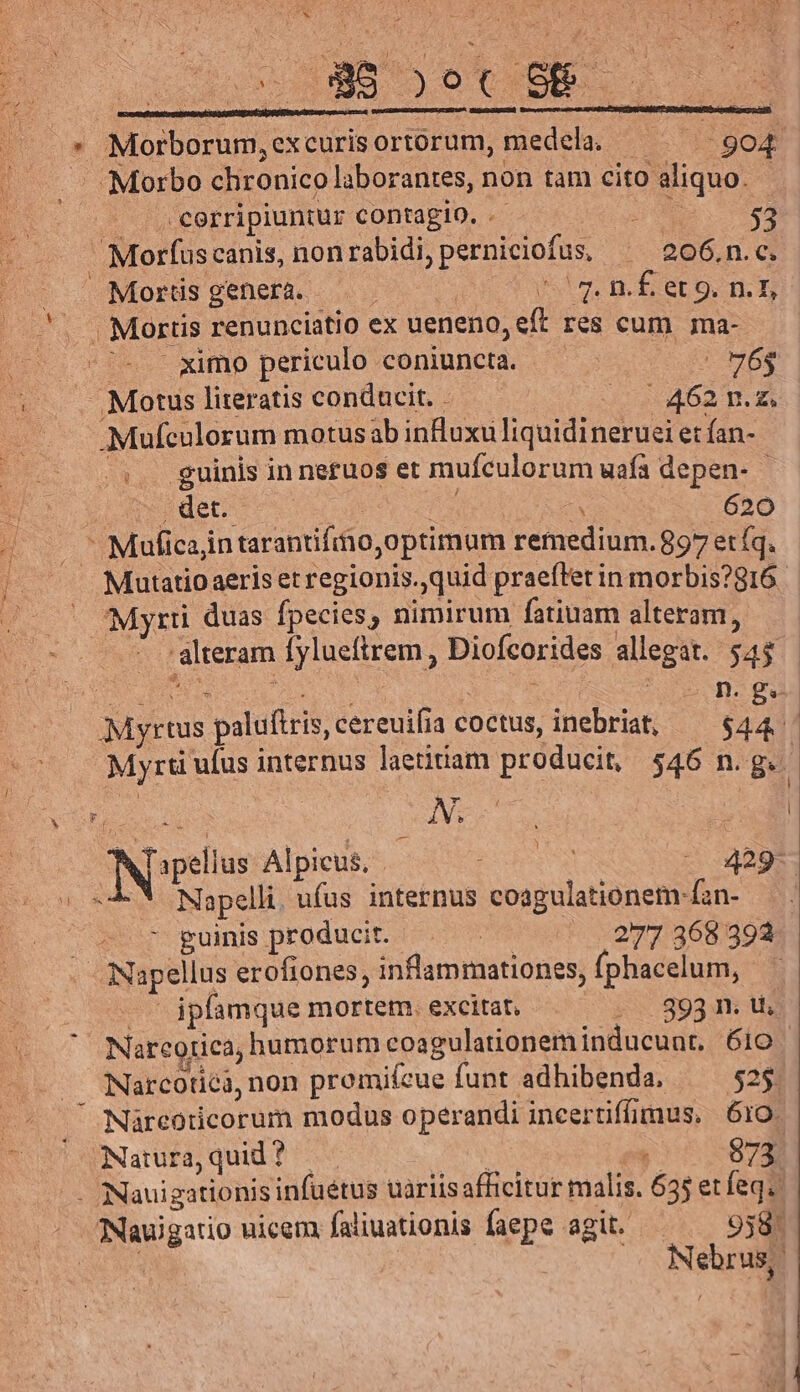 Morbo chronico laborantes, non tam cito aliquo. : 'cerripiuntur contagio. . UNE. $3 Morfuscanis, non rabidi, perniciofus, 206.n. c. - ^-Morts generà. - . ^5. n.£ etg. n.T, ^ Morti renunciatio ex ueneno, eft res cum ma-- | ximo periculo coniuncta. : 065 - Motus literatis conducit. i462. e -Mufeulorum motus ab inftuxuliquidineruei et ían- ^. guinis in netuos et mufculorum uafa depen- - - det. po. a E . 620 - Muficajn tarantifio,optimum remedium. 97 et fq. — Mutatio aeris et regionis. quid praeftet in morbis?816. — Myrri duas fpecies, nimirum fatiuam alteram, alteram fylueftrem , Diofcorides allegat. 54$ ics v gr ? : ; n. g— Myrtus paluftris, cereuifia coctus, inebriat, — $44 Myrti ufus internus laetitiam producit, $46 noges r / | i Fr. IN. ; : ; um n » * b NUpelius Alpicus, . S - 429 «5-3 Napelli, ufus internus coagulationem-fon- — - 7 guinisproducit. . ^. 277 368393 - Napellus erofiones, inflammationes, fphacelum, — - ipfamquemortem excitat, .— . 393m.th Nareotica, humorum coagulationem inducuat. 610 — NNarconéà,non promiícue funt adhibenda, ——— 525. ' Nüreoticorum modus operandi incertifimus, 610. |oONatura,quid? | e ($057873 . Nauigationisinfuétus uariisafficitur malis. 635 et feq. - ^Nauigatio uicem faliuationis faepe agit. —— 938. RN | | Nebrus,: