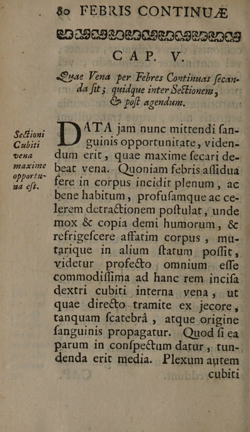 Seciioni Cub: vena maxime opportu- ua eft. 8$» FEBRIS CONTINUJE e322093$000090D50395285203 | CAMP UT «Ouae Vena per Febres Coutinuas fecan- da fits. quidque inter Seblionem , €» poft agendum. D ATA jam nunc mittendi fan- ! guinis opportunitate , viden- dum erit, quae maxime fecari de- beat vena.. Quoniam febris affidua fere in corpus incidit plenum , ac lerem detractionem pottulat , unde mox &amp; copia demi humorum, &amp; refrigefcere affatim corpus , mü- tarnique in alium ftatum. poffit, videtur profe&amp;o | omnium . effe commodiffima ad hanc rem incifa dextri cubiti interna vena, ut quae directo. tramite ex jecore ; tanquam fcatebrá , atque origine fanguinis propagatur. Quod fi ea parum in confpectum datur , tun- | denda erit media. Plexum autem | |. cubiti