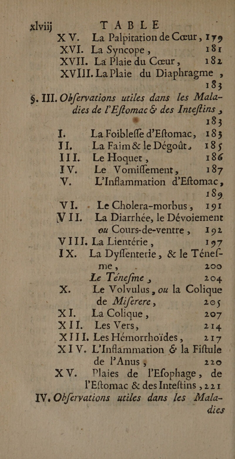 xlviij TiA BYE:E | X V. La Palpitation de Cœur, 179 XVI. La Syncope, - 187 XVII. La Plaie du Cœur, 182 XVIII. LaPlaie du Dispagne Fa 3 dies de l'E nos des Inteftins , I. La ur d’'Eftomac, 183 TI. LaFaim&amp;leDéooùt, 185 III Le Hoquet, 186 IV. Le Vomiflement, 187 \'Æ L’'Inflammation d’Eftomac, 189 VI. - Le Cholera-morbus, 191 VII. La Diarrhée, le Dévoiement ou Cours-de-ventre, 1 Lie VIII, La Lientérie, ax, La Dyffenterie , &amp; le Téncl. nie ie 200 Le Ténefme, 204 X. Le Volvulus, oz la Colique de Miferere, 20$ XI. La Colique, 207 XII. Les Vers, 214 XIII, Les Hémorrhoïdes, 217 XIV. L’Inflammation &amp; la Fiftule : de lAnus $ 220 XV. Plaies de lEfophage, de l'Eftomac &amp; des Inteftins ,227 dies