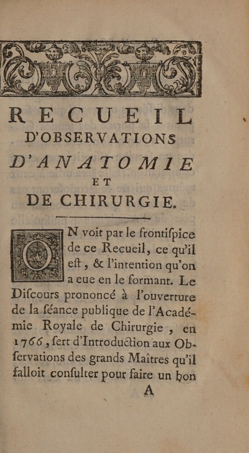 D'OBSERVATIONS D'ANATOMIE ET DE CHIRURGIE, —— UN voit par le frontifpice | de ce Recueil, ce qu'il left, &amp; l'intention qu'on = ; que en le formant. Le Difcours prononcé à l’ouverture de la.féance publique de lAcadé- mie. Royale de Chirurgie , en 1766 , fert d'Introduétion aux Ob- fe Lie des grands Maîtres qu’il falloit confulter pour faire un bon À