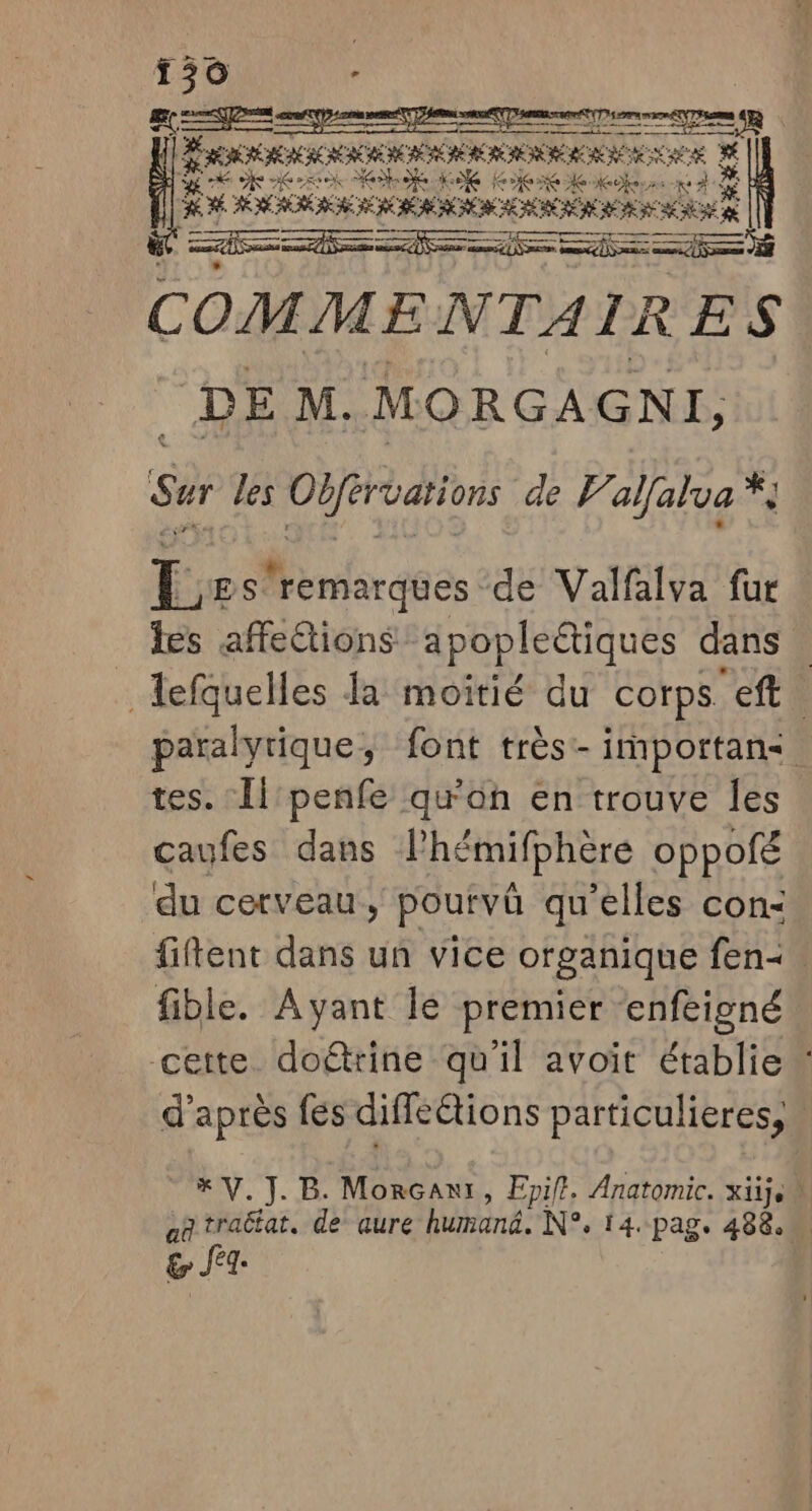 Free de Her AE we. lee de ke or #4 AR HE EME SC RER = COMME NTAIR ES DE M. MO RGA GNI, Sur les Obfèrvations de Val[alva * Eæs'remarques de Valfalva fur es affections: apopledtiques dans | lefquelles la moitié du corps eft. paralyrique, font très- importan&lt; tes. Il'penfe qu'on en trouve Îes caufes dans Phémifphèré oppofé du cerveau, pourvû qu'elles con: fiftent dans un vice organique fen. fible. Ayant le premier enfeigné cette. doétrine qu'il avoit établie” d'après fes difleétions particulieres, | x V. J.B. Morcan:, Epifl. Anatomic. xiije” an traëtat. de aure humand. N°. 14. pag: 4880 CAE