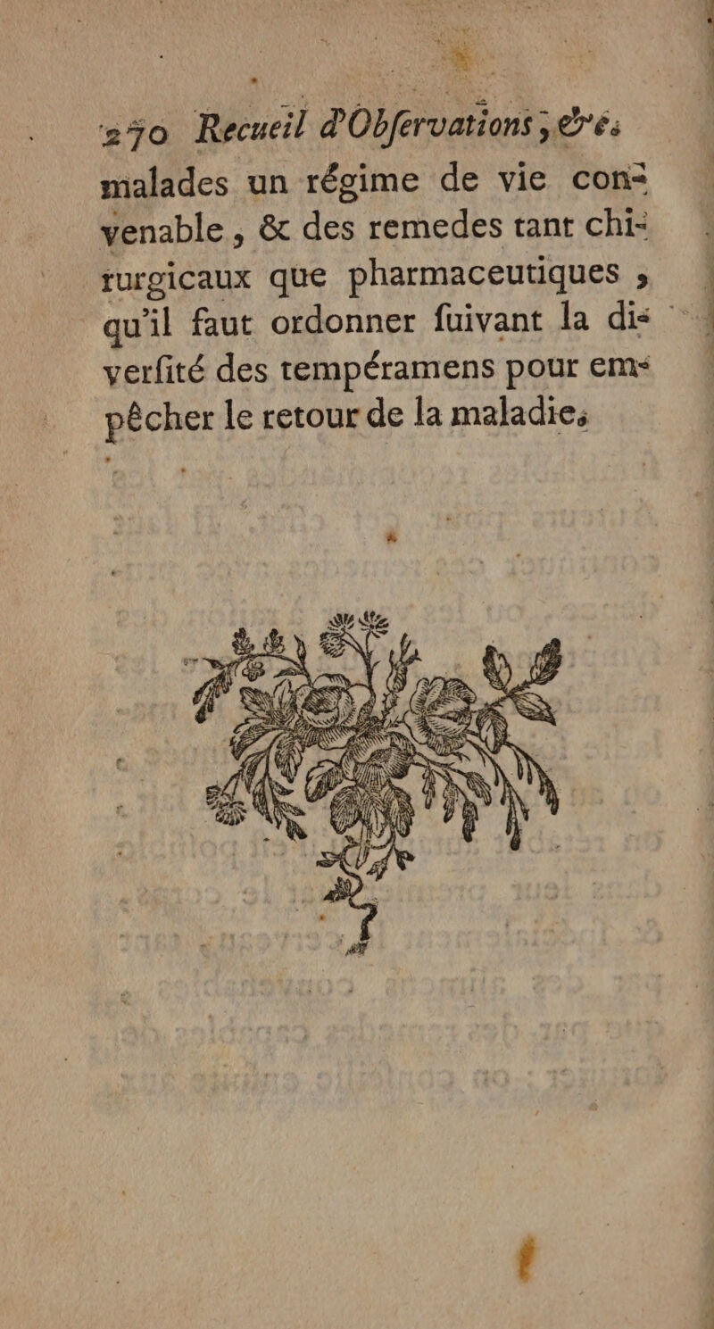 230 Recueil d'Obfervations ré: malades un régime de vie con: venable , &amp; des remedes tant chi: rurgicaux que pharmaceutiques ,; qu'il faut ordonner fuivant la dis : verfité des tempéramens pour em- | pêcher le retour de la maladie,