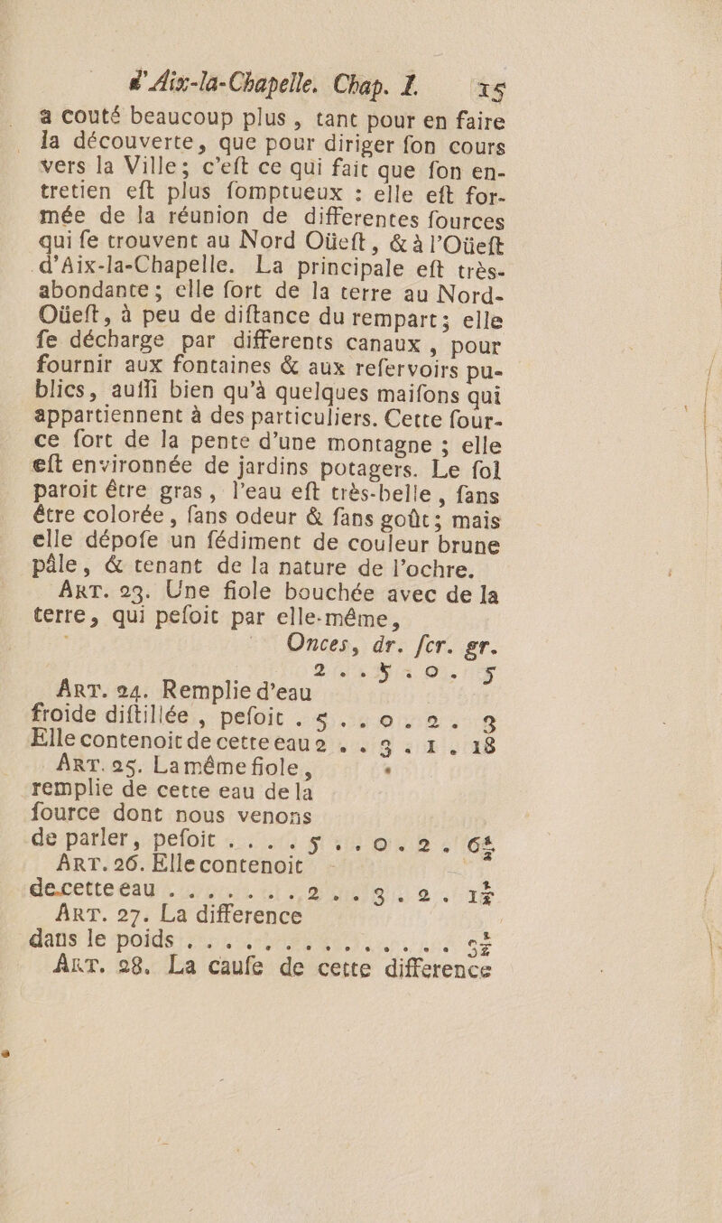 a couté beaucoup plus, tant pour en faire _ la découverte, que pour diriger fon cours vers la Ville; c’eft ce qui fait que fon en- tretien eft plus fomptueux : elle eft for- mée de la réunion de differentes fources qui fe trouvent au Nord Oùüeft, &amp; à l’Oïeft abondante ; elle fort de la terre au Nord- Oüeft, à peu de diftance du rempart; elle fe décharge par differents canaux , pour fournir aux fontaines &amp; aux refervoirs pu- blics, aufli bien qu’à quelques maifons qui appartiennent à des particuliers. Cette four- ce fort de la pente d’une montagne ; elle eft environnée de jardins potagers. Le fol paroit être gras, l’eau eft très-belle , fans être colorée, fans odeur &amp; fans goût; mais elle dépofe un fédiment de couleur brune pâle, &amp; tenant de la nature de l’ochre. ART. 23. Une fiole bouchée avec de la terre, qui pefoit par elle-même, | Onces, dr. cr. gr. @ à Na Or ART. 24. Remplie d’eau froide diftillée , pefoit .s..0.92. à Elle contenoit de cetteeauo . . ÉETE e à ART. 95. Lamémefiole, . remplie de cette eau dela fource dont nous venons de parler ; pefoit +...14 5,1) où à : GE ART. 26. Elle contenoit