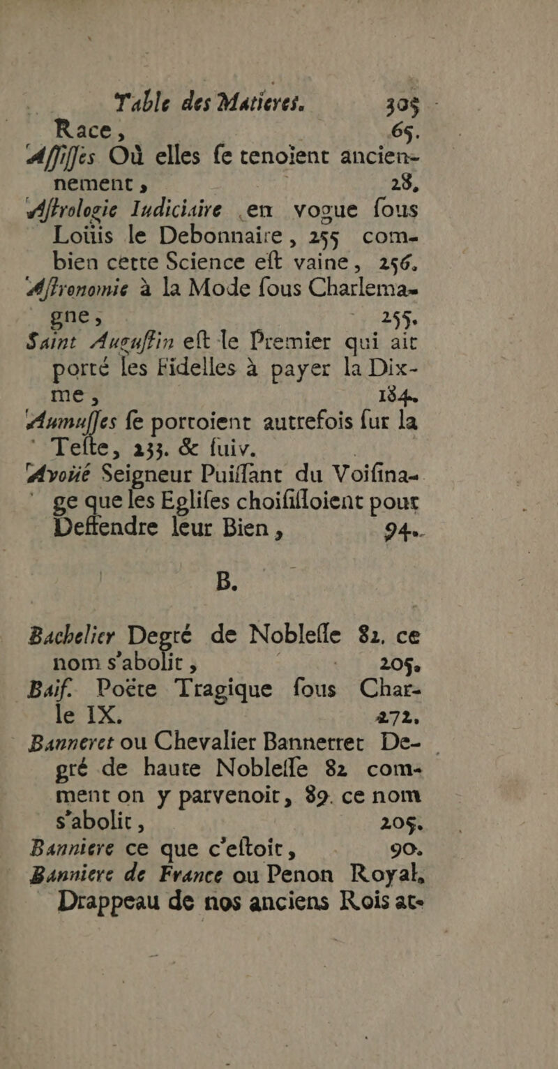 65. un jjés od elles fe tenoïent ancien- nement , 28, wffrologie Iudicisire en vogue fous Loüis le Debonnaire , 255 com bien cette Science eft vaine, 256. Affrenomie à la Mode fous Charlema- gne, 17255» Saint Aucuffin eft le Premier qui ait porté les Fidelles à payer la Dix- me , 134 PES fe portoient autrefois fur la Tefte, 233. &amp; fuiv. Ayoïé Seigneur Puiflant du Voifina- ge que les Eglifes choifilloient pour Deffendre leur Bien, 94... B. Bachelier Degré de Nobleffe 81. ce nom s'abolit , 205. p Poéte Tragique fous Char- Ie 1X. 272, Banneret ou Chevalier Bannerret De- gré de haute Noblefle 82 com- ment on y parvenoit, 89. ce nom s'abolit , 205. Bannicre ce que c'eftoit, 90. Bannicre de France ou Penon Royal, Drappeau de nos anciens Rois at-