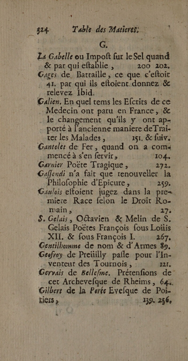 824 Table des Maticres: | : G. py L4 Gabelle ou Impoft fur le Sel quand &amp; par qui eftablie , 200 202, Guges de. Batraille , ce que. c'eftoit . 41. par qui ils eftoient. donnez :&amp;c relevez Ibid. A C4lien. En quel tems les Efcrits de ce —. .. Medecin ont paru en France , &amp; le changement qu'ils y ont ap- - porté à f ancienne maniere deT rai- ter les Malades , 151, &amp; fuiv. Gantelet de Fer, quand on a coms mencé à s'en fetvir, 104.. Garnier Poëte Tragique , 272. Gaffendi n'a fait que renouveller la Philofophie d'Epicure , 259. Gaulois eftoient jugez dans la pre- miere Race felon le Droit Ro- main; Ç 275 $. Gelais, O&amp;avien &amp; Melin de S. Gelais Poëtes François fous Loüis XII. &amp; fous François I. 267, Gentilbomme de nom &amp; d' Armes $9, Gefroy de Preüilly palle pour l'In- venreur des Tournois, IA, Gervais de Bellefme, Prétenfions de’ cet Archevefque de Rheims, 64. Gilbert de la Períc Evelque de Poi- tiers 2 | } 133. 256,