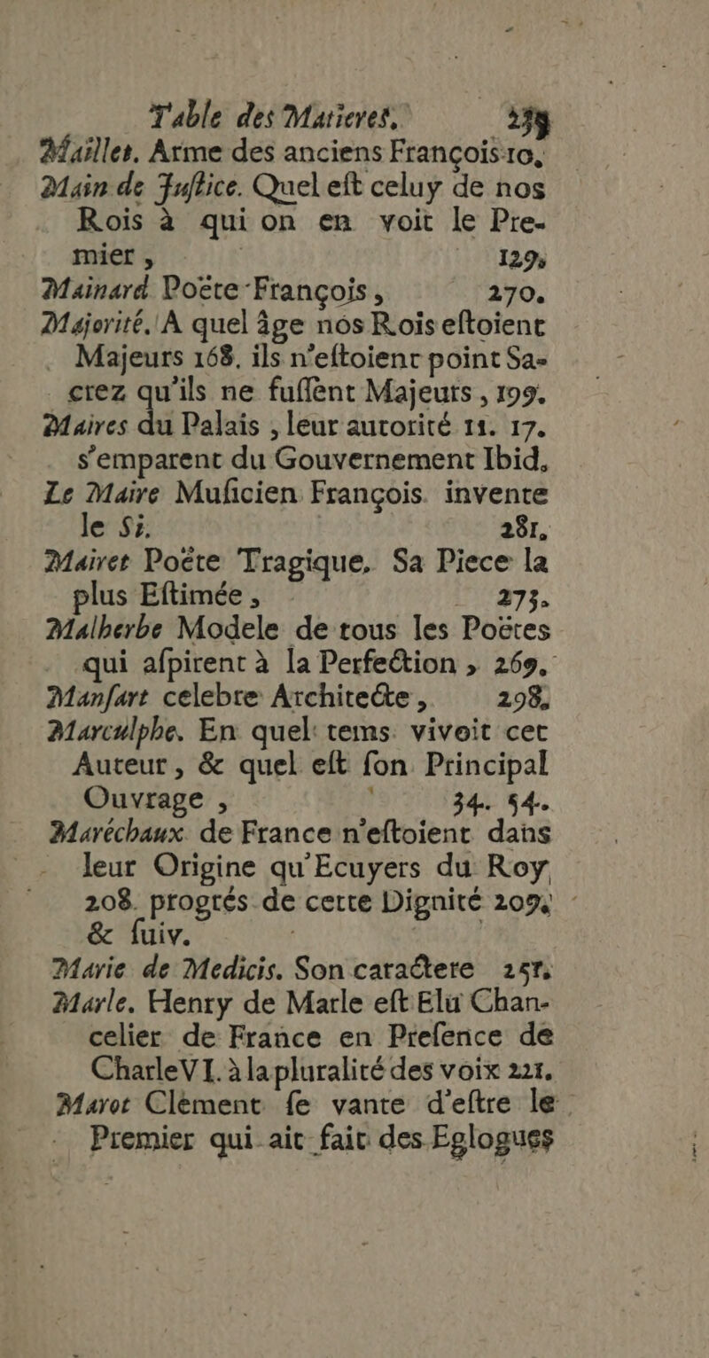 AMaillet. Arme des anciens Francois-to, Main de Tuflice. Quel eft celuy de nos Rois à qui on en voit le Pre- mier , ! | 1129, Mainard Poëte François, 270. Majorité. À quel âge nos Rois eftoient . Majeurs 168. ils n’eftoient point Sa- crez qu'ils ne fuffent Majeurs , 199, Maires di Palais , leur autorité 11. 17. s'emparent du Gouvernement Ibid, Le Maire Muficien François. invente le Si. 28r, Mairet Poéte Tragique, Sa Piece la plus Eftimée , 17377. Malherbe Modele de tous les Po&amp;tes qui afpirent à la Perfeétion » 269. Manfart celebre Archite&amp;e , 298, Mlarculphe. En quel: tems. viveit cet Auteur, &amp; quel eft fon Principal Ouvrage , ; 34. 54. Maréchaux de France n'eftoient dans leur Origine qu'Ecuyers du Roy 208. progtés de cette Dignité 209, : &amp; fuiv. | | Marie de Medicis. Son caractere 257, Marle. Henry de Marle eft Elu Chan- celier de France en Prefence de CharleV I. à la pluralité des voix 221. Maret Clement. fe vante d'eftre le Premier qui.ait fair des Eglogues
