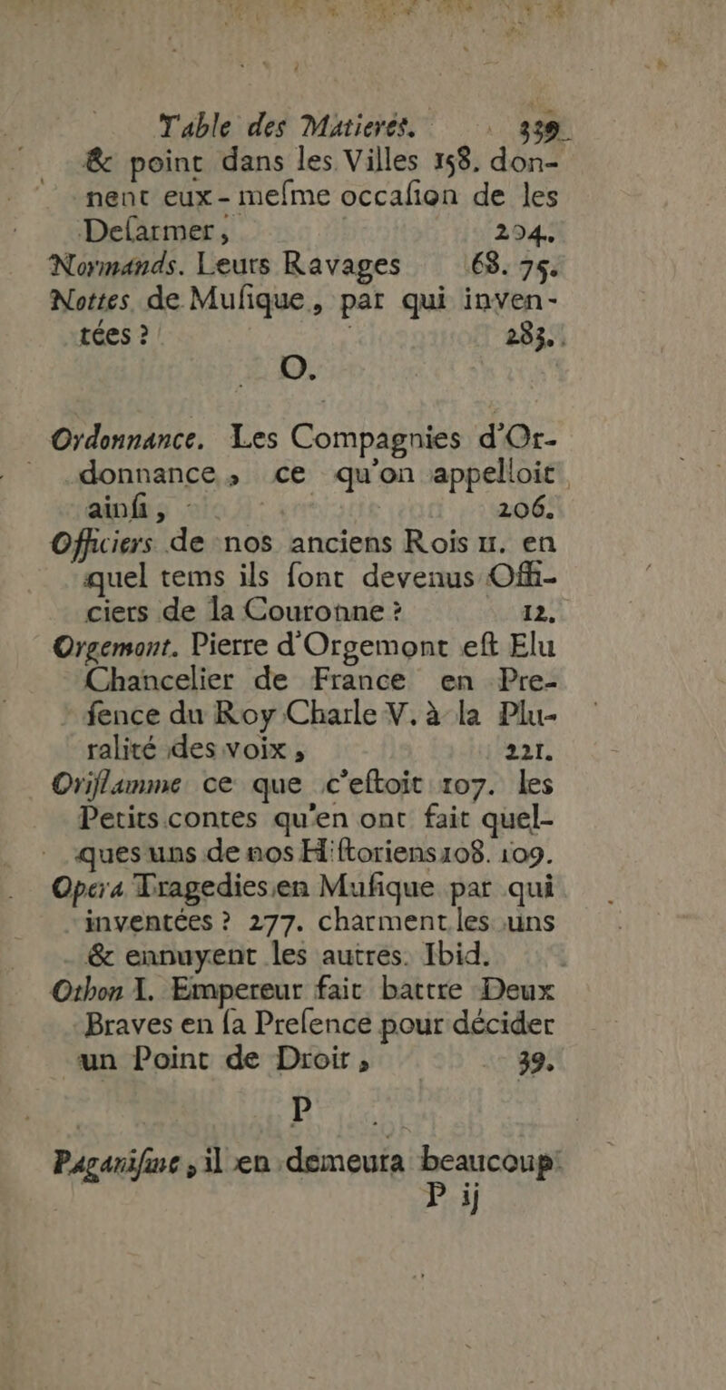 LI &amp; point dans les Villes 158, don- nent eux - mefme occafion de les Defarmer, | 294. Normands. Leurs Ravages 68.76. Nottes de.Mufique , par qui inven- tées ? | 283. . O. donnance , ce qu'on appelioit | ainfi, - Nt 206. Officiers de nos anciens Rois rr. en quel tems ils font devenus Off- ciers de la Couronne ? 12, Orgemont. Pierre d Orgemont eft Elu Chancelier de France en Pre- fence du Roy Charle V. à la Plu- ralité des voix , 221. Oriflamme ce que c'eftoit 107. les Petits contes qu'en ont fait quel- ques uns de nos H:'ftoriens 108. 109. Opera Tragediesen Mufique par qui inventées ? 277. charment les uns &amp; ennuyent les autres. Ibid. Othon I. Empereur fait battre Deux Braves en {a Prefence pour décider un Point de Droit, .- 89. P Pagarifine , n. demeuta beaucoup: | P ij