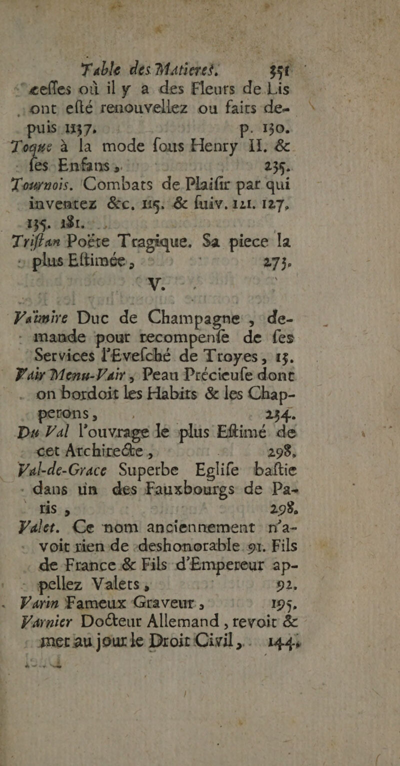 ^eeffes où il y a des Fleurs de Lis ont efté renouvellez ou fairs de puis 137; p. 130. Toque à la mode fous Henry IL. &amp; fes Enfanss ^ ^. | 2 35. Tournois. Combats de Plaifir pat qui inventez &amp;c. us. &amp; Íuiv. 121. 127, — 33$. 81, j | Trifían Poëre Tragique. Sa piece la ; plus Eftimée, 273. Vaumire Duc de Champagne , de- . mande pour recompenfe de fes Services l'Eveíchbe. de Troyes, 13. | Fair Menu-Vair , Peau Précieufe dont —. on bordoit les Habits &amp; les Chap- copenons, | 234. Du Val l'ouvrage le plus Eftimé de cet Átchire&amp;e , 298, . Wal-de-Grace Superbe Eglife baftie - dans tin. des Fauxbourgs de Pa- — fis ; | 298, Valet. Ce nom anciennement na- - voit rien de .deshonorable. or. Fils de France &amp; Fils d'Empereur ap- - pellez Valets , E 92. . Parin Fameux Graveur , 195, Varnier Do&amp;eur Allemand , revoir &amp; -3neraujourle Droit Civil ... 1445 wn /