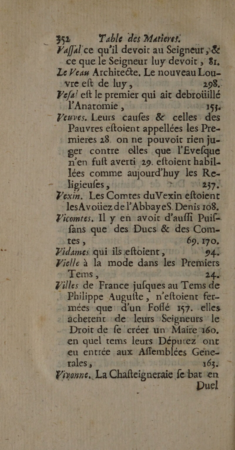 Fa[Jalce qu'il devoit au Seigneur ;.&amp; ce que le Seigneur luy devoit ; 81. Lc Veau Archite&amp;e, Le nouveau Lou- vre eít de luy, 298. Vefal eft le premier qui ait debroüillé l'Anatomie , 2488 - Feuves. Leurs caufes &amp; celles des ^. Pauvres eftoient appellées les Pre- . mieres 28. on ne pouvoit rien ju- ger contre elles que l'Eveíque n'en fuit averti 29. eftoient habil- lées comme aujourd'huy les Re- - . ligieufes , UCI bip Vexin. Les Comtes du Vexin eftoient lesAvoüez de l’AbbayeS. Denis 108. Vicomtes, 1l y en avoit d'auffi Puií- fans que des Ducs &amp; des Com- tes , 69, 170, Vidames qui ils eftoient , 94. Wielle à la mode dans les Premiers Tems, 24. Villes de France jufques au Tems de Philippe Augutte , n'eftoient fer- mées que d'un Foflé 157. elles achetenr de leurs Seigneurs le Droit de fe créer un Maire 160. en quel tems leurs Dépurez ont eu entrée aux Aflemblées Gene- rales , 1633 — Vivonne,. La Chafteigneraie fe bat en SM Duel - LNSCR ERI