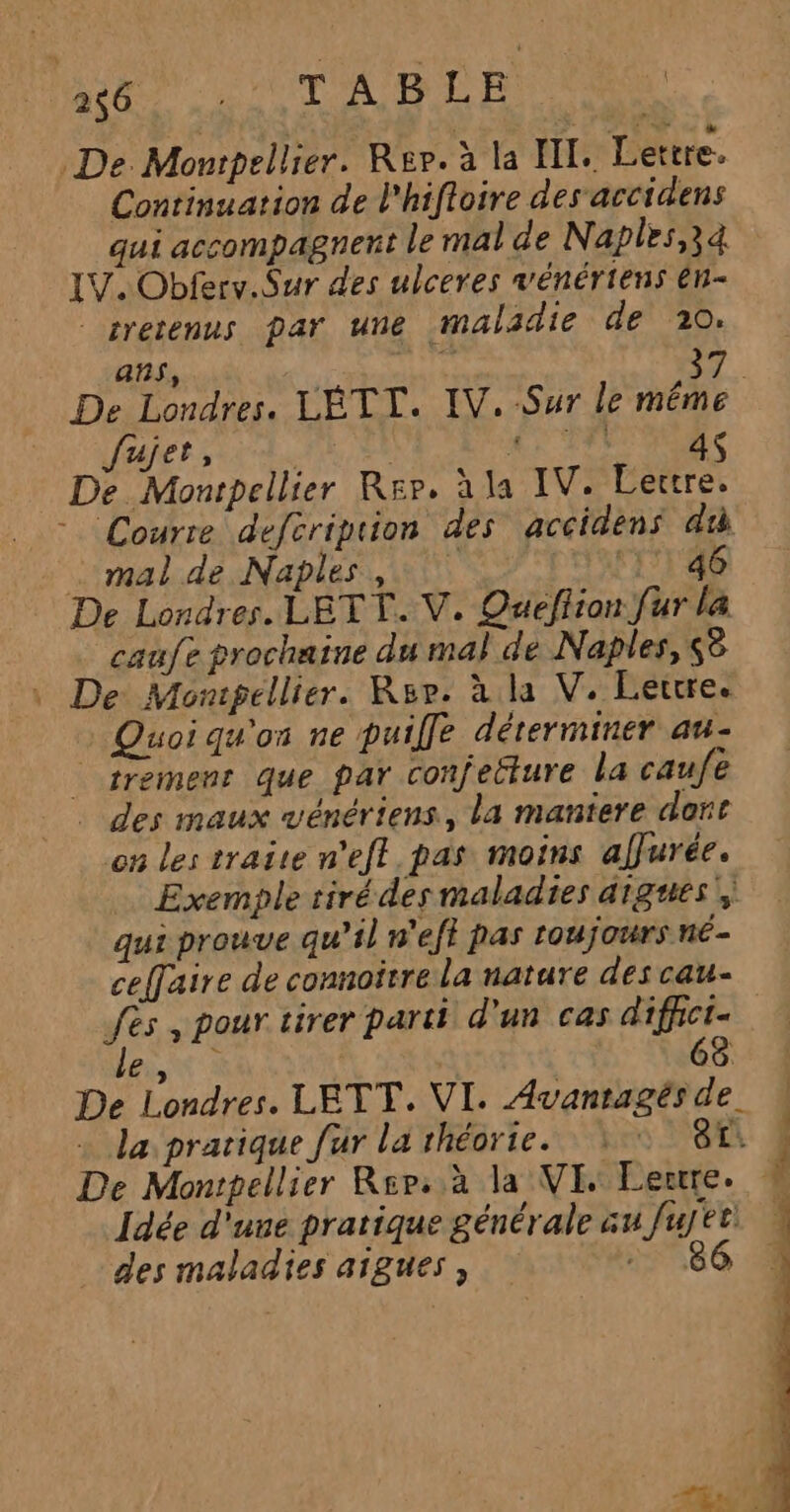 SOS LS TABLE NAS De Morrpellier. Rep. à la III. Lettre. Continuation de l'hifloire des accidens qui accompagnent le mal de Naples,3à IV. Obferv.Sur des ulceres vénériens en- | sretenus par une malsdie de 20. ans, TL. De Londres. LÉTI. IV. Sur le même fujer si TEE LETTRES De Monspellier Rep. à la IV. Lettre. - Courre defcription des accidens di mal de Naples, ‘11146 De Londres. LETT. V. Queflion fur la caufe prochaine du mal de Naples, $è De Mompellier. Rap. à la V. Lettre. Quoi qu'on ne puille déterminer au- | sremens que par conjecture la caufe . des maux vénériens, La maniere dort on les traite n'efl pas moins alfurée. Exemple tiré des maladies aigus qui prouve qu’il n'ef} pas toujours né- ceffaire de connoitre la nature des cau- fes , pour tirer parti d'un cas diffict-. à ; 68 le, De Londres. LETT. VI. Avantagés de. : da: pratique fur la théorie. 8£. Idée d'une pratique générale au fujet, des maladies aigues, 51786