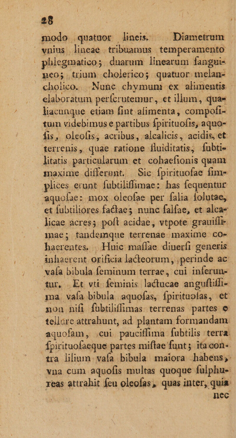 d modo quatnor lineis —— Diametrum elaboratum perícrutemur , et illum, quas liacunque etiam fint alimenta, compofi- tum videbimus e partibus fpirituofis, aquo- fis, oleofis, acribus, alcalicis, acidis, et terrenis, quae ratione fluiditatis; fubti- litatis particularum. et. cohaefionis quam maxime differunt, Sic fpirituofae fim- plices erunt fubtiliffimae: has fequentur «aquofae: mox oleofae per falia folutae, et fubtiliores faCtaes nunc falfae, et aleae inae; tandemque terrenae. maxime co- haerentes. | Huic maflae diuerfi generis inhaerent orificia lacteorum, ;perinde ac ala bibula feminum terrae, cui inferun- fur, Et vti: feminis lactucae anguflifi- ja. vaía bibula | aquofas, fpirituolas UU nou nifi fübtilhffimas terrenas partes e tellare attrahunt, ad. plantam formandam. aquofam, .cui pauciffima fubtilis | terra: fpirituofaeque partes miflae funt; itacon- tra lilium- vafa bibula maiora habens; reas attrahit feu oleofas; quas inter, quia: | nec