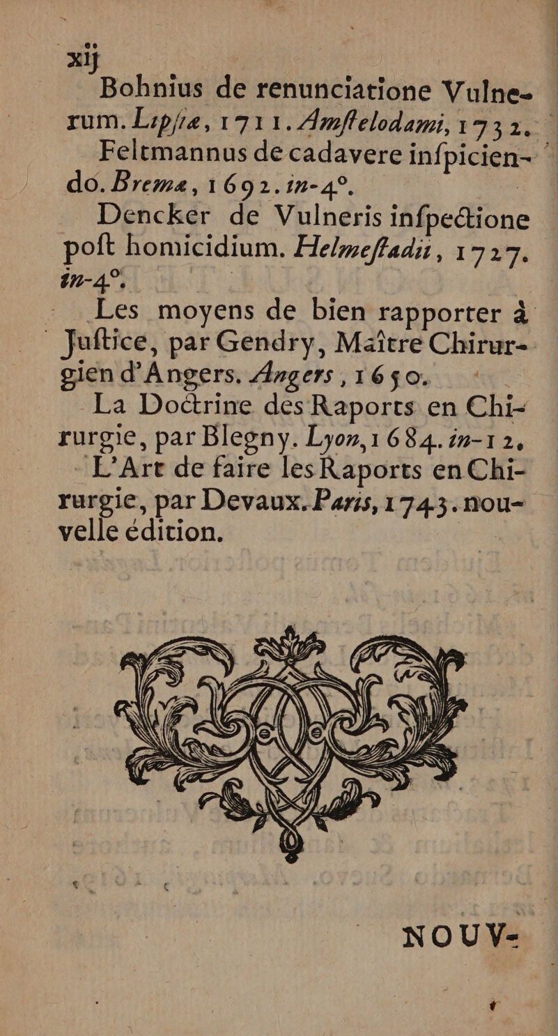 xl Bahbité de renunciatione Vulne- rum. Lipia, 1711. Amflelodami, 173 1. Feltmannus de cadavere infpicien- ” do. Breme, 1692.in-4°. | Dencker de Vulneris infpectione poft homicidium. He/meffadit, 17217. 2n-4°, | | - Les moyens de bien rapporter à _ Juftice, par Gendry, Maître Chirur- gien d'Angers. Angers ,1650. : La Doctrine des Raports en Chi- rurgie, par Blegny. Lyon, 1 684. in-1 2, L'Art de faire les Raports en Chi- rurgie, par Devaux. Paris, 1743. nou- velle édition. LENS SP CPR VS D 22S CCS AE VINS, NZ KT () D à lo = 4 \ SES di) SS SVe7/ AE ù é [4 NOU V-